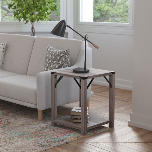 2-Tier Side Table with Black Metal Side Braces and Corner Caps - Rustic Oak