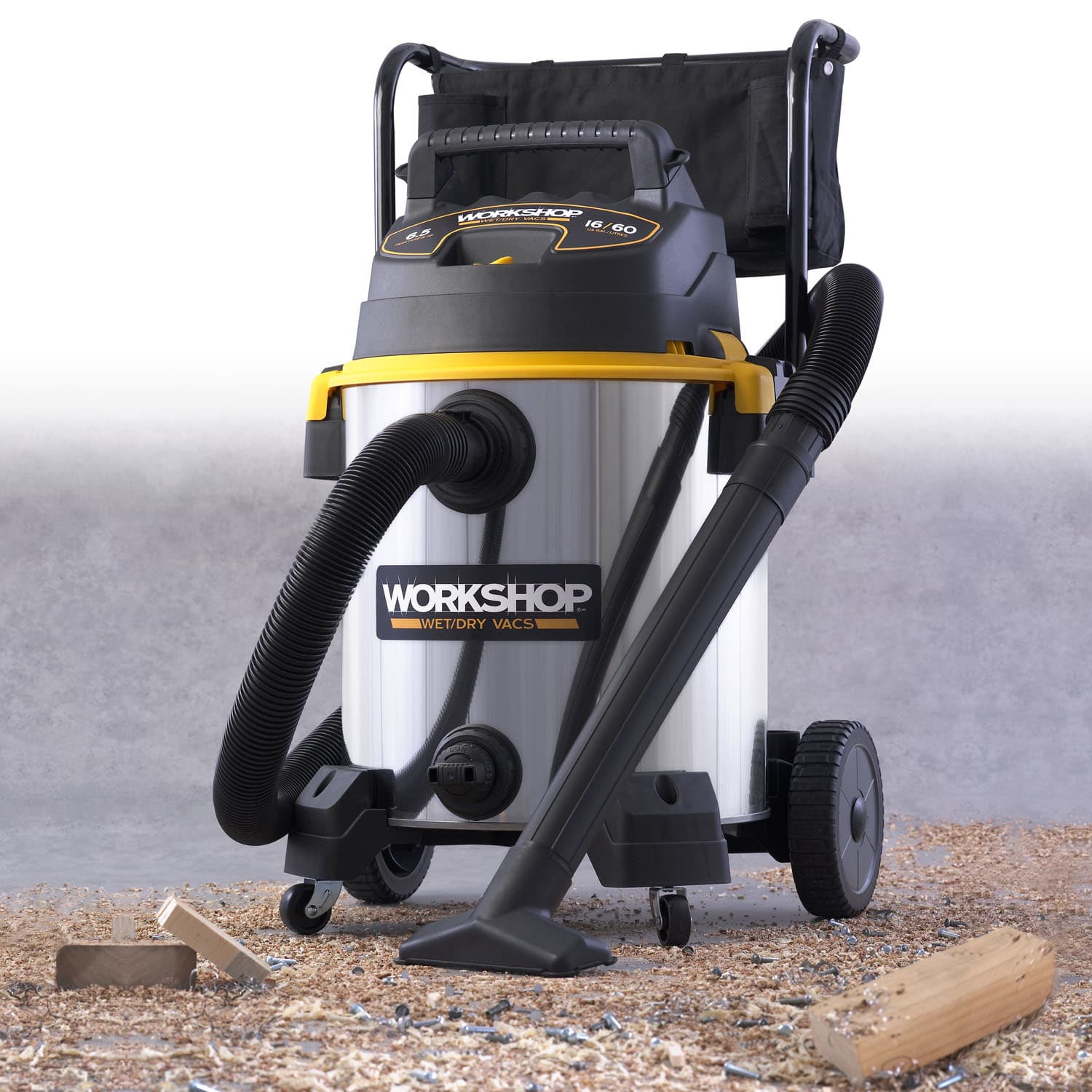 Stainless Steel Wet/Dry Cart Vac - 16 Gallon 6.5 Peak HP