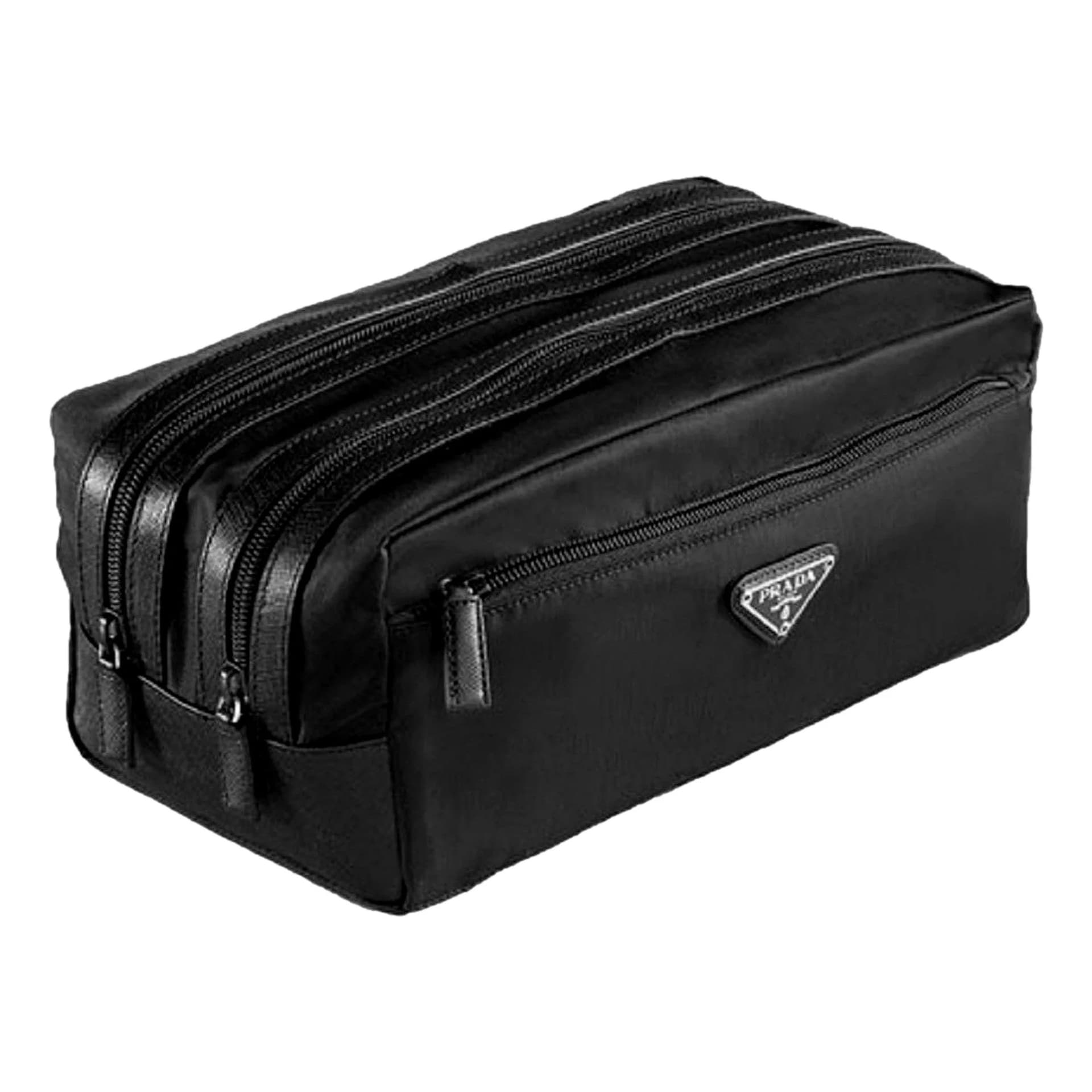 Prada Black Tessuto Nylon Saffiano Leather Trim Double Zip Necessaire Dopp Toiletry Bag