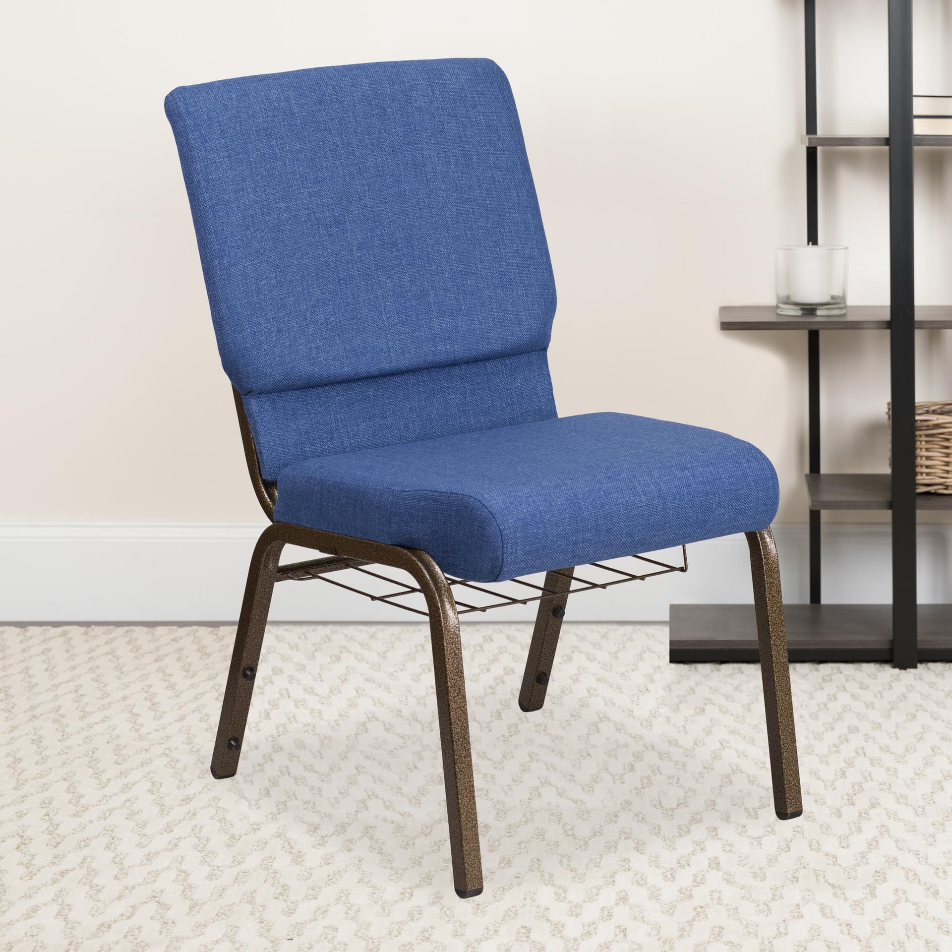 18.5"W Church Chair in Blue Fabric with Cup Book Rack - Gold Vein Frame