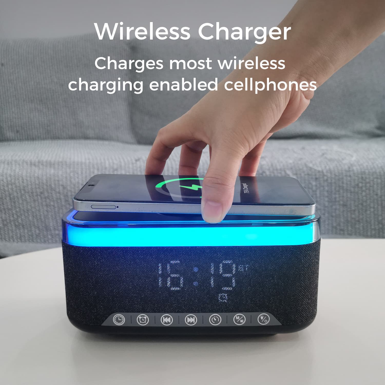 Bluetooth Speaker Alarm Clock w/ 15W Fast Wireless Charging, 13 Night Light modes, Rechargeable Battery, 10W Stereo Speaker, 12/24H Digital Clock, Sleep Timer, White Noise Mode, US