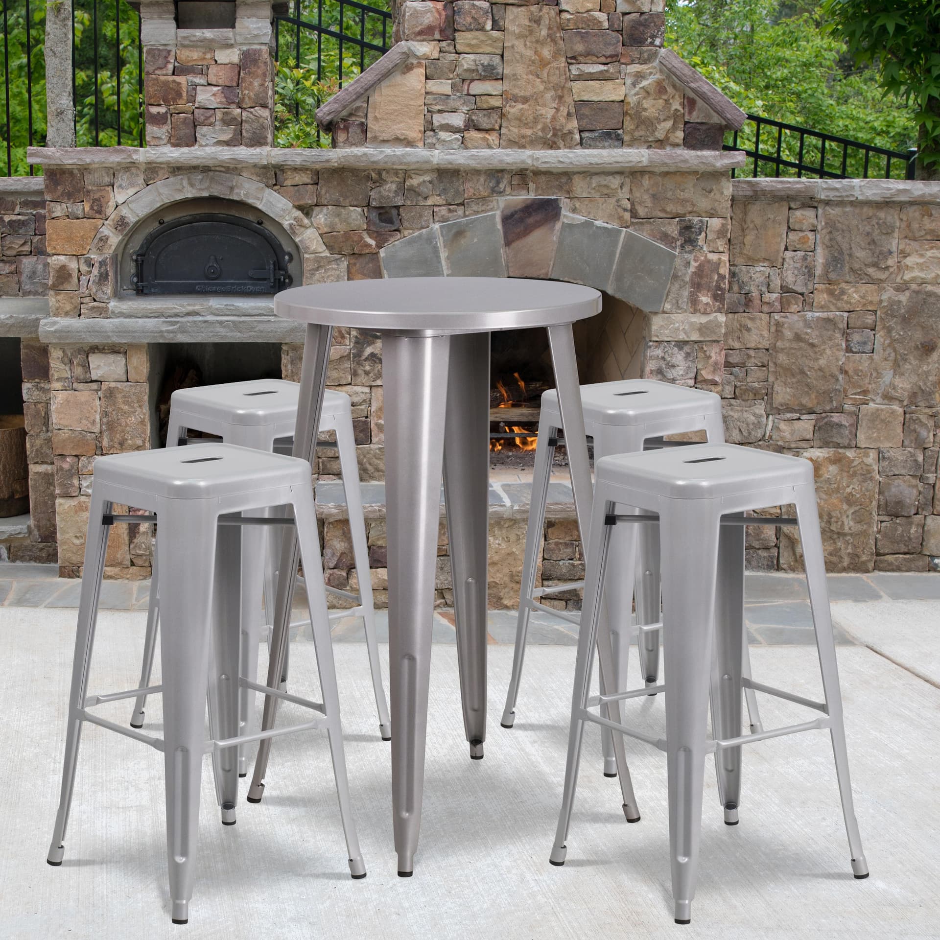 24" Round Silver Metal Indoor-Outdoor Bar Table Set with 4 Backless Stools