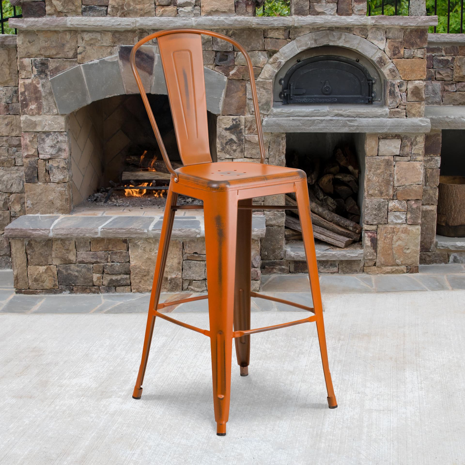 30" High Distressed Orange Metal Indoor-Outdoor Barstool with Back