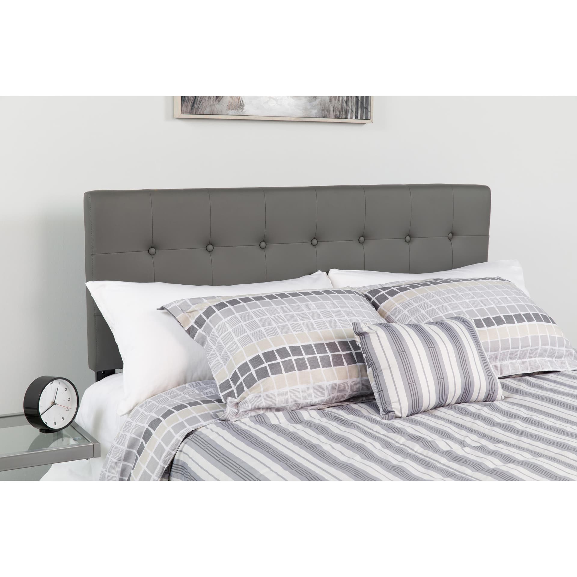 Button Tufted Upholstered Twin Size Headboard in Gray Vinyl