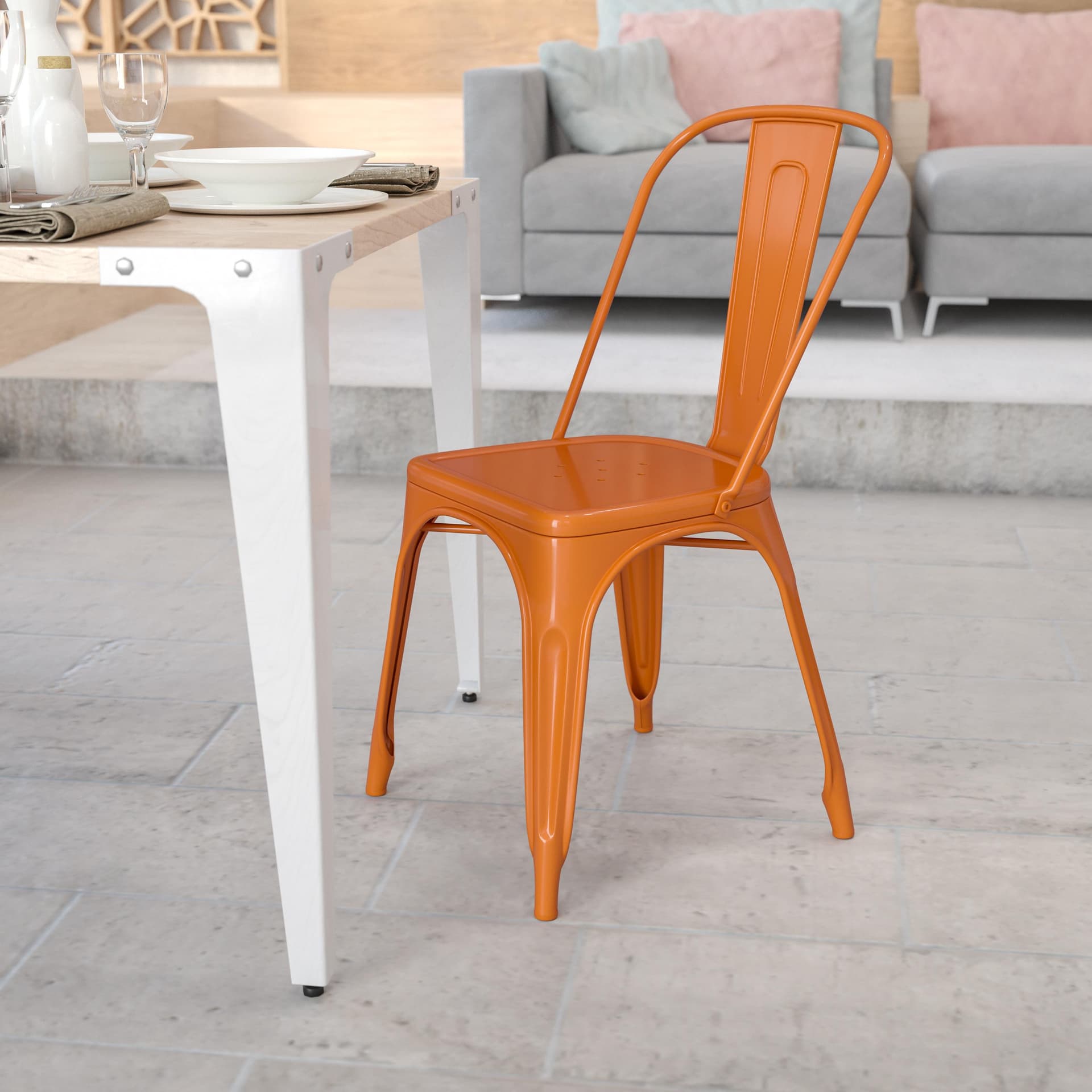 Orange Metal Indoor-Outdoor Stackable Chair - Restaurant Chair - Bistro Chair