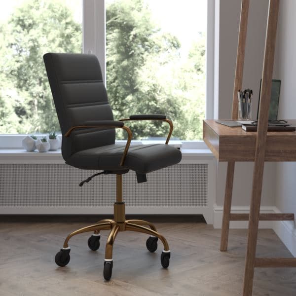 Executive Chair with Gold Frame & Arms on Skate Wheels - White LeatherSoft