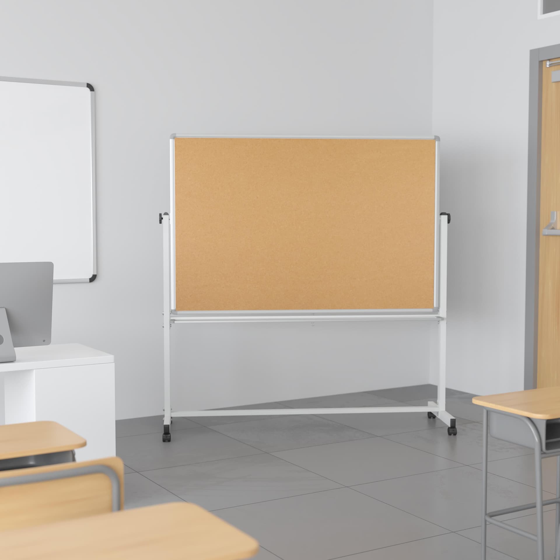 64.25"W x 64.75"H Reversible Mobile Cork Bulletin & White Board with Pen Tray