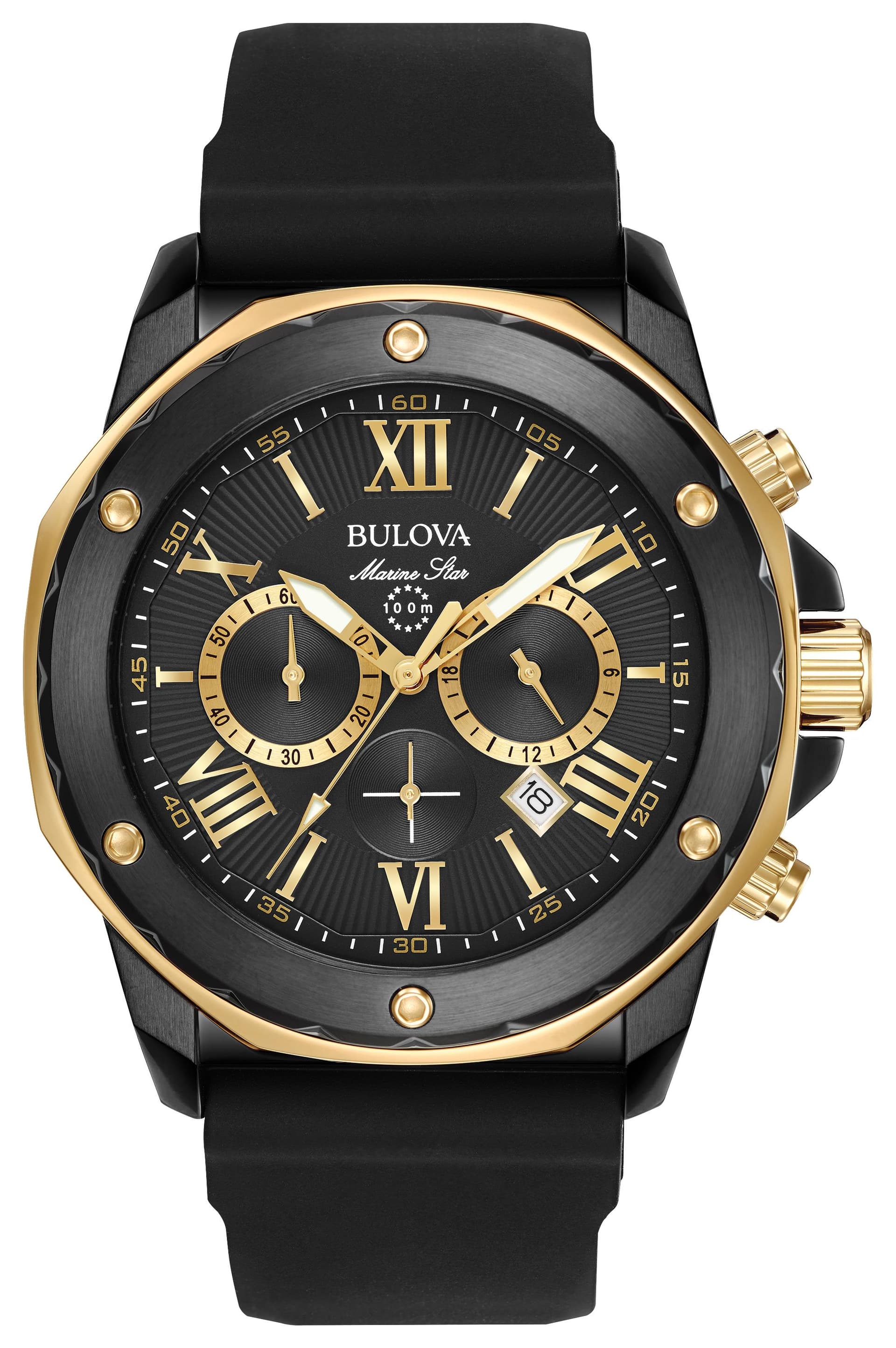 Mens Marine Star Black Silicone Strap Watch Gold/Black Dial
