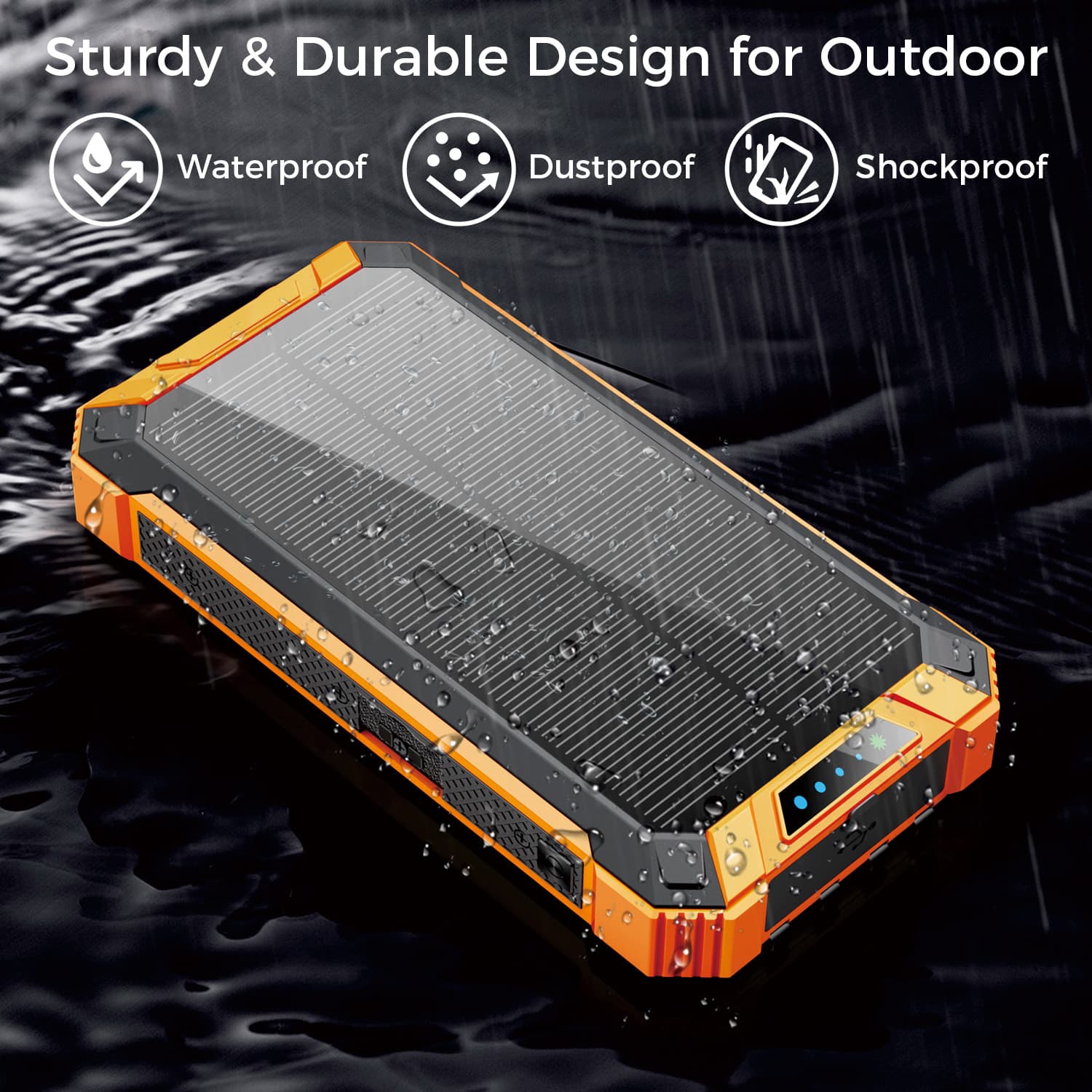 Portable Power Bank w/ Wireless Charging, Built-in 4 Cables, Solar Panel, 20000mAh Battery, IP65 Waterproof, Dustproof, Dual LED Flashlight, Great for iPhone, Samsung, Smart Phones