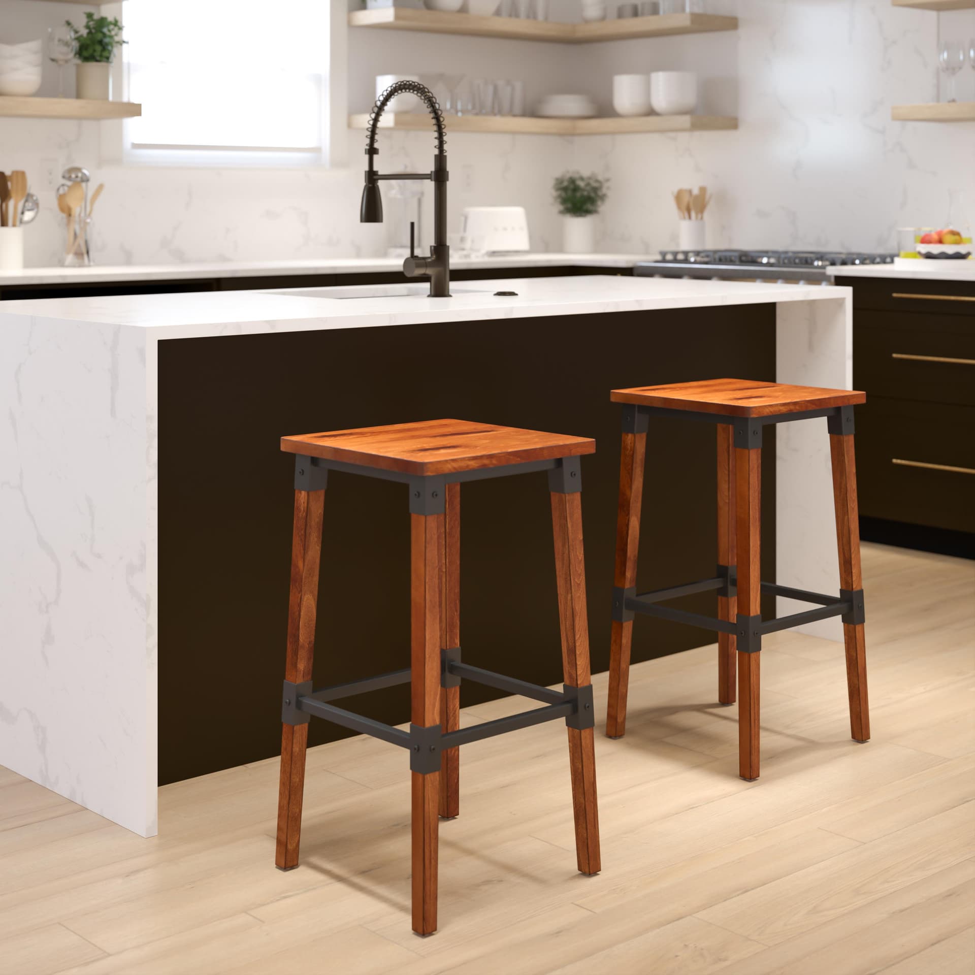 2 Pack Commercial Grade Rustic Walnut Backless Wood Barstool