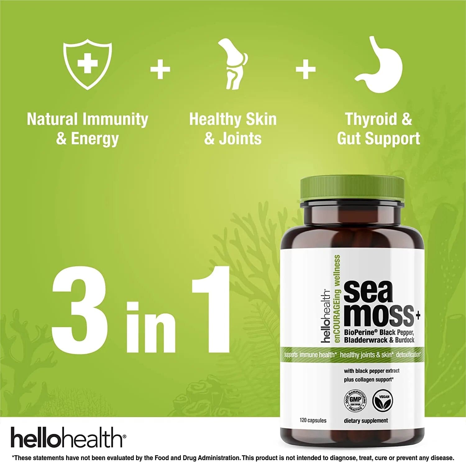 Organic Irish Sea Moss, Organic Bladderwrack, Organic Burdock & Bioperine capsules