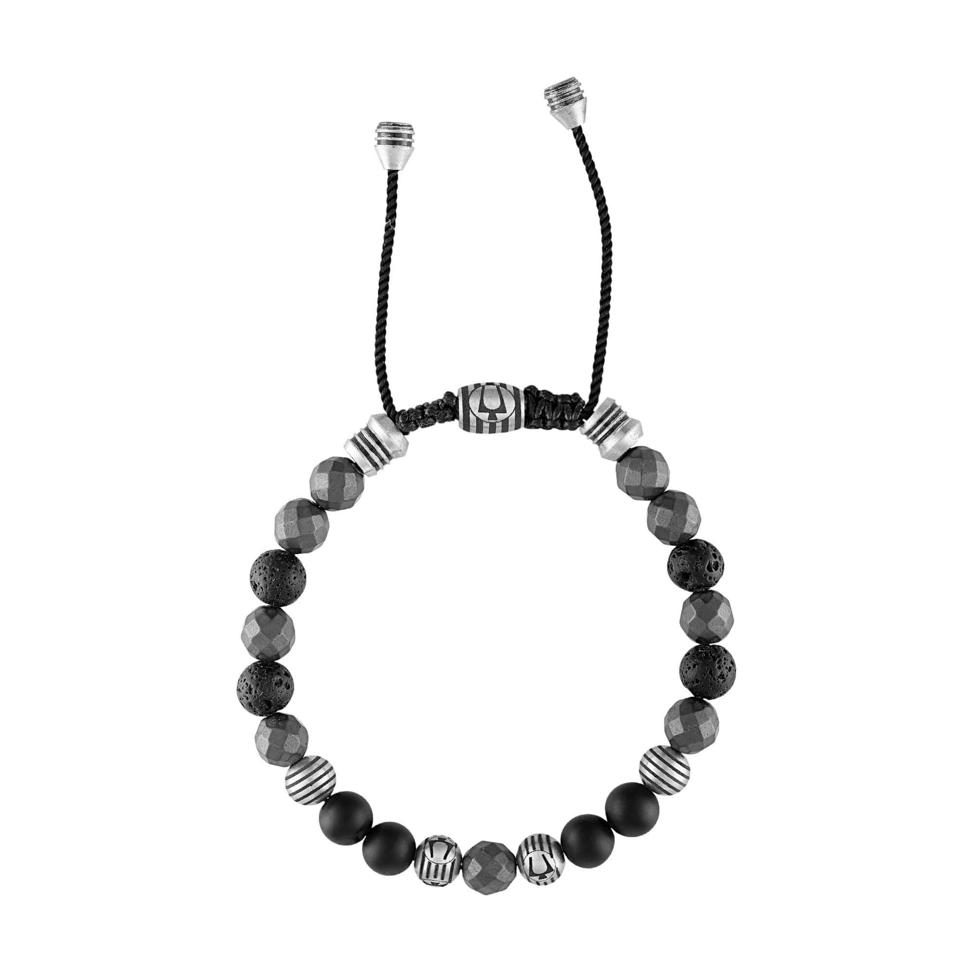 Classic Black Onyx & Hematite Spheres Bolo Bracelet w/ Lava Beads