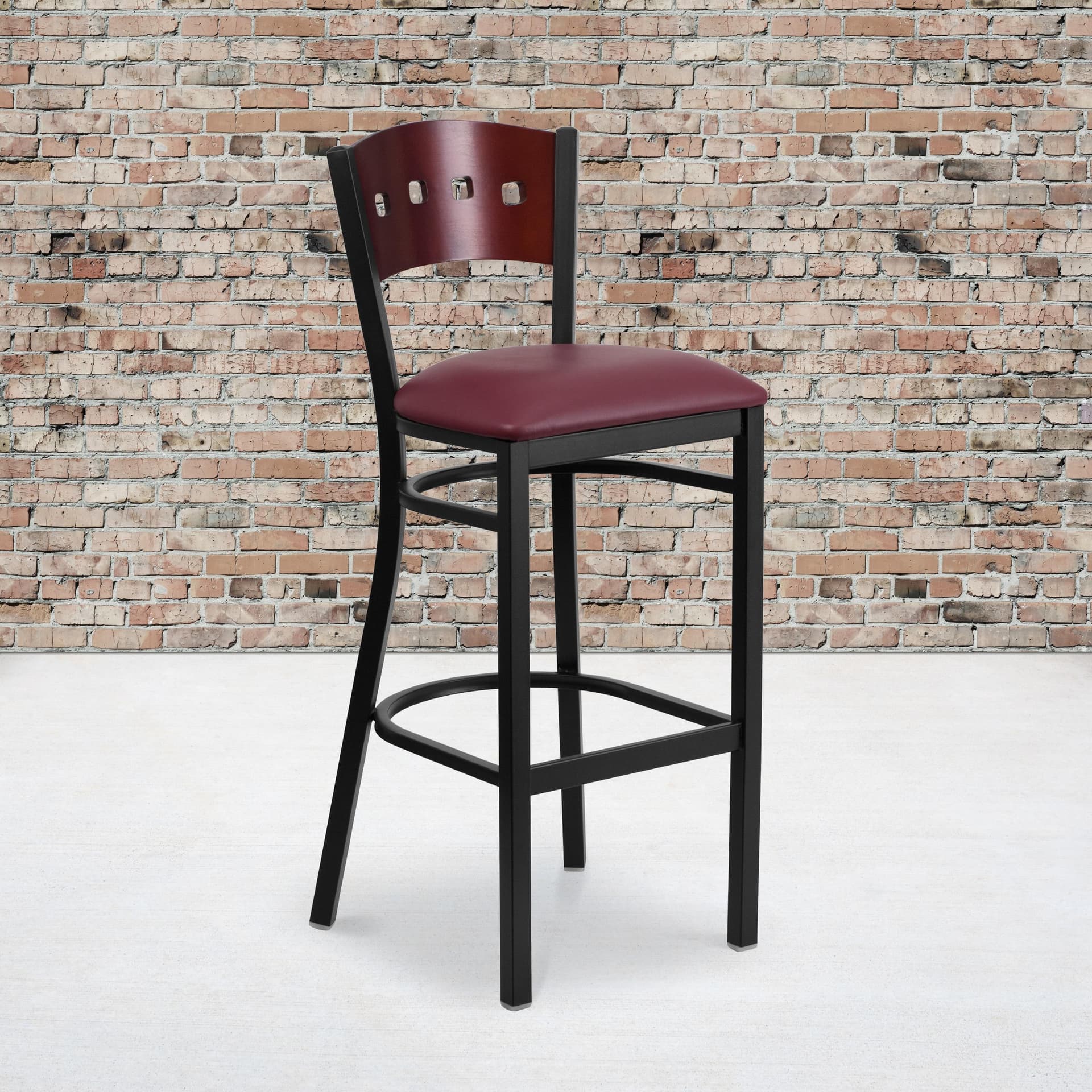 Black 4 Square Back Metal Barstool - Mahogany Wood Back, Burgundy Vinyl Seat