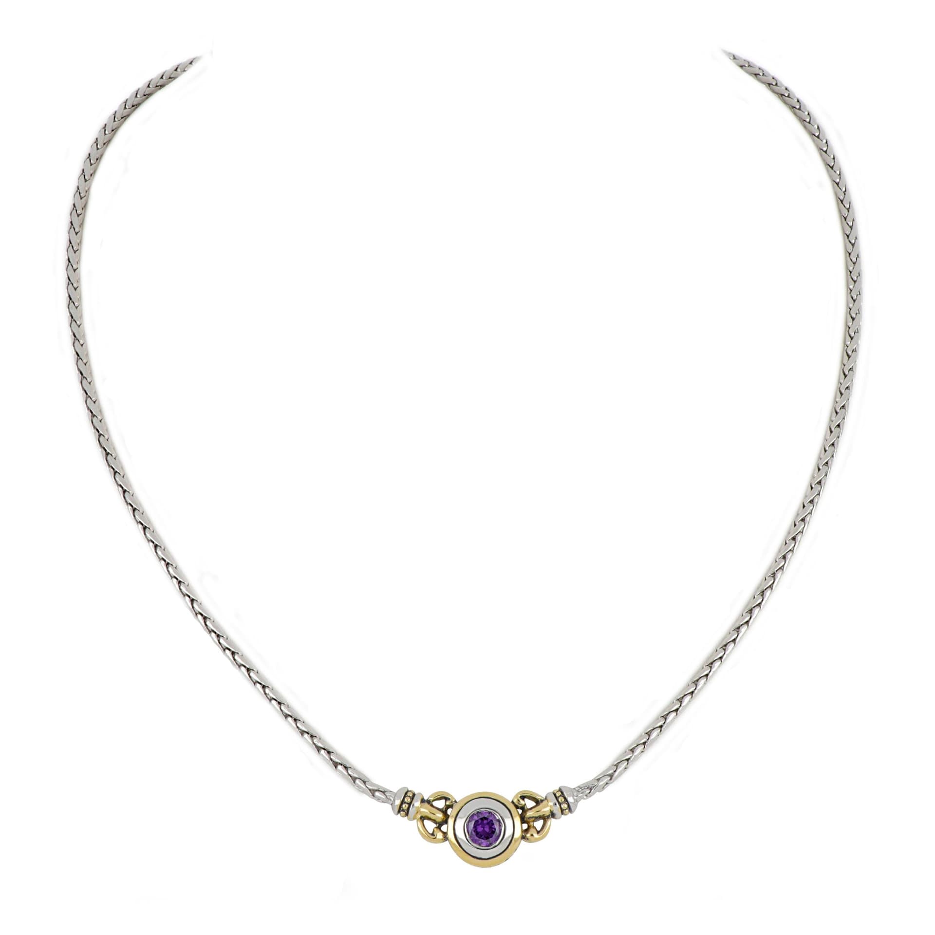 Beijos 6mm Single Stone Necklace, Amethyst CZ. 16" L. Center Motif 1"Wx7/16"H