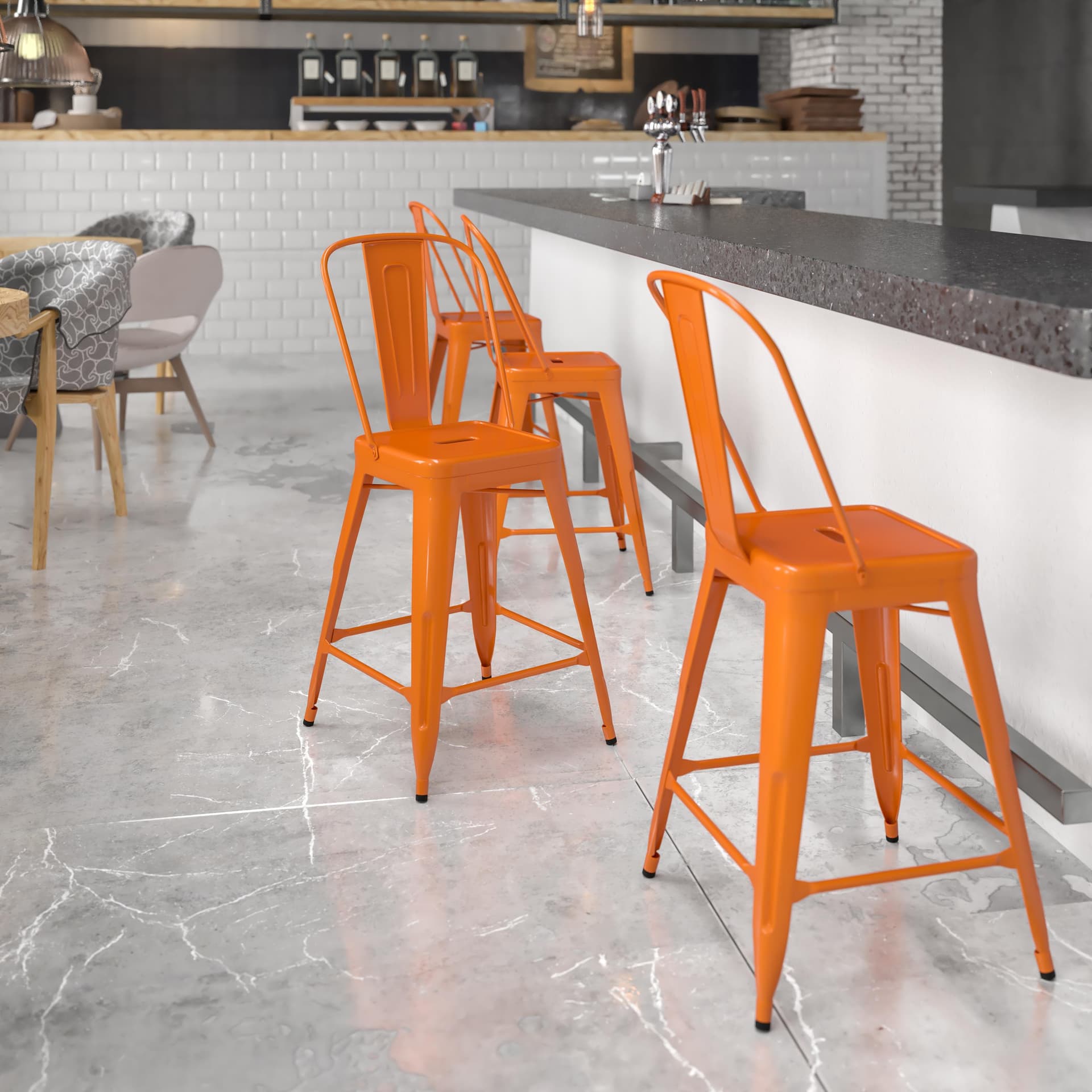 24" High Orange Metal Indoor-Outdoor Counter Height Stool with Back