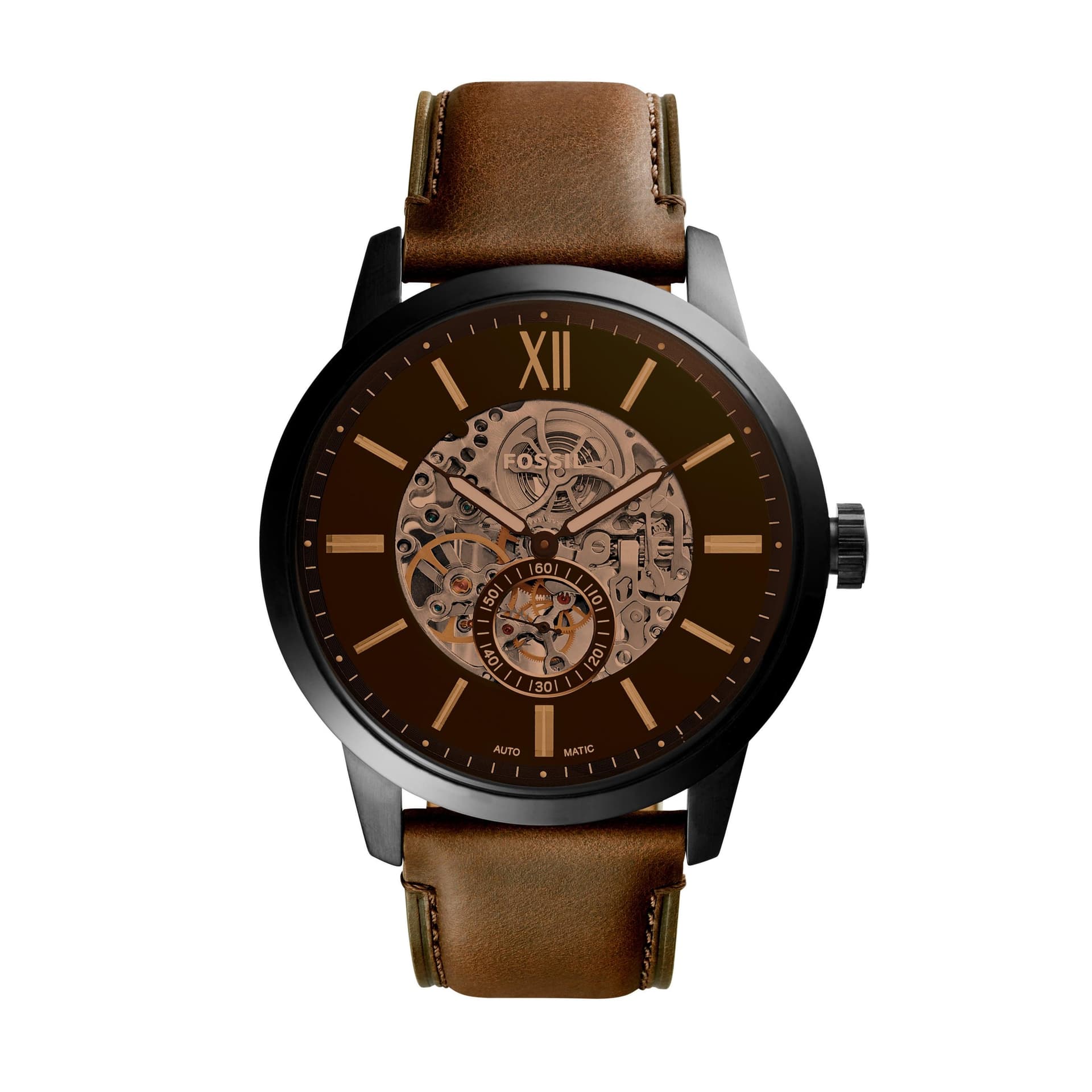Men's Townsman Large Automatic Brown Leather Strap Watch Brown Dial