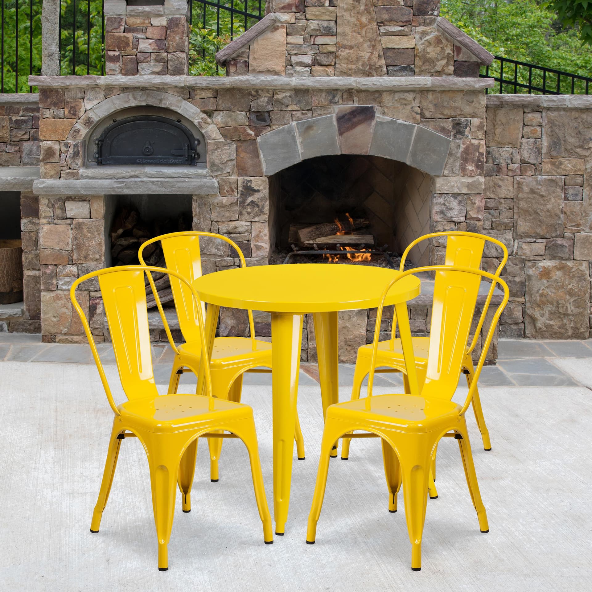 30" Round Yellow Metal Indoor-Outdoor Table Set with 4 Cafe Chairs