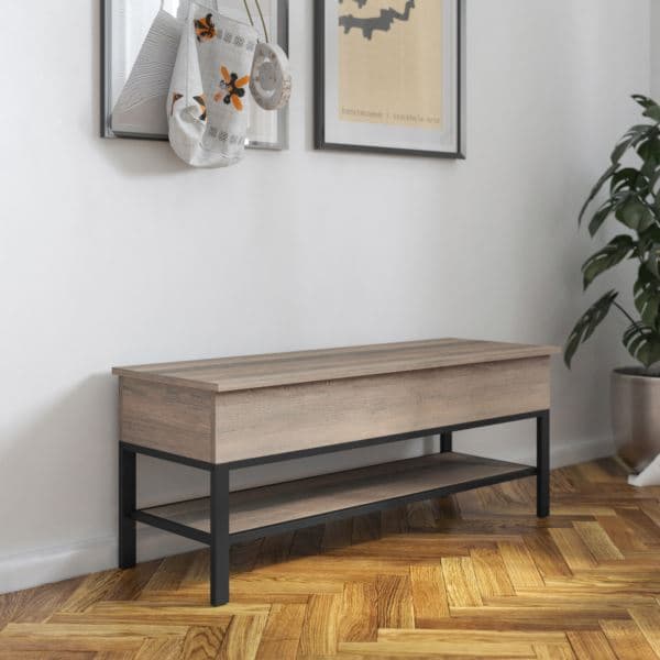 Farmhouse Entryway Bench with Hinged Lift Top and Storage in Rustic Oak