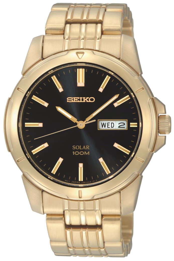 Mens Gold Case Black Dial Second Hand