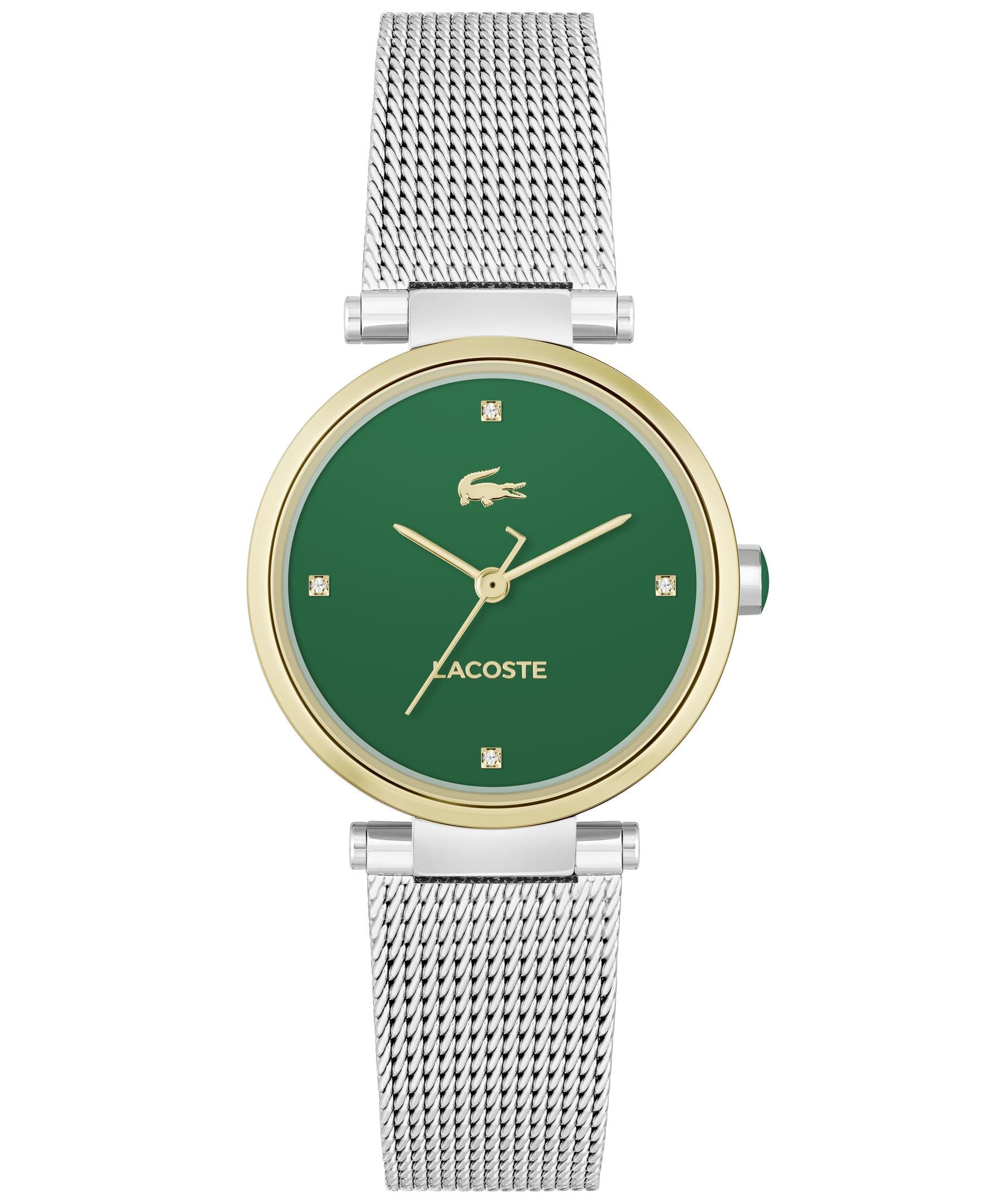 Lacoste Orba Ladies Watch. Stainless Steel Case & Mesh Bracelet. Green Dial with 4 diamond Markers.