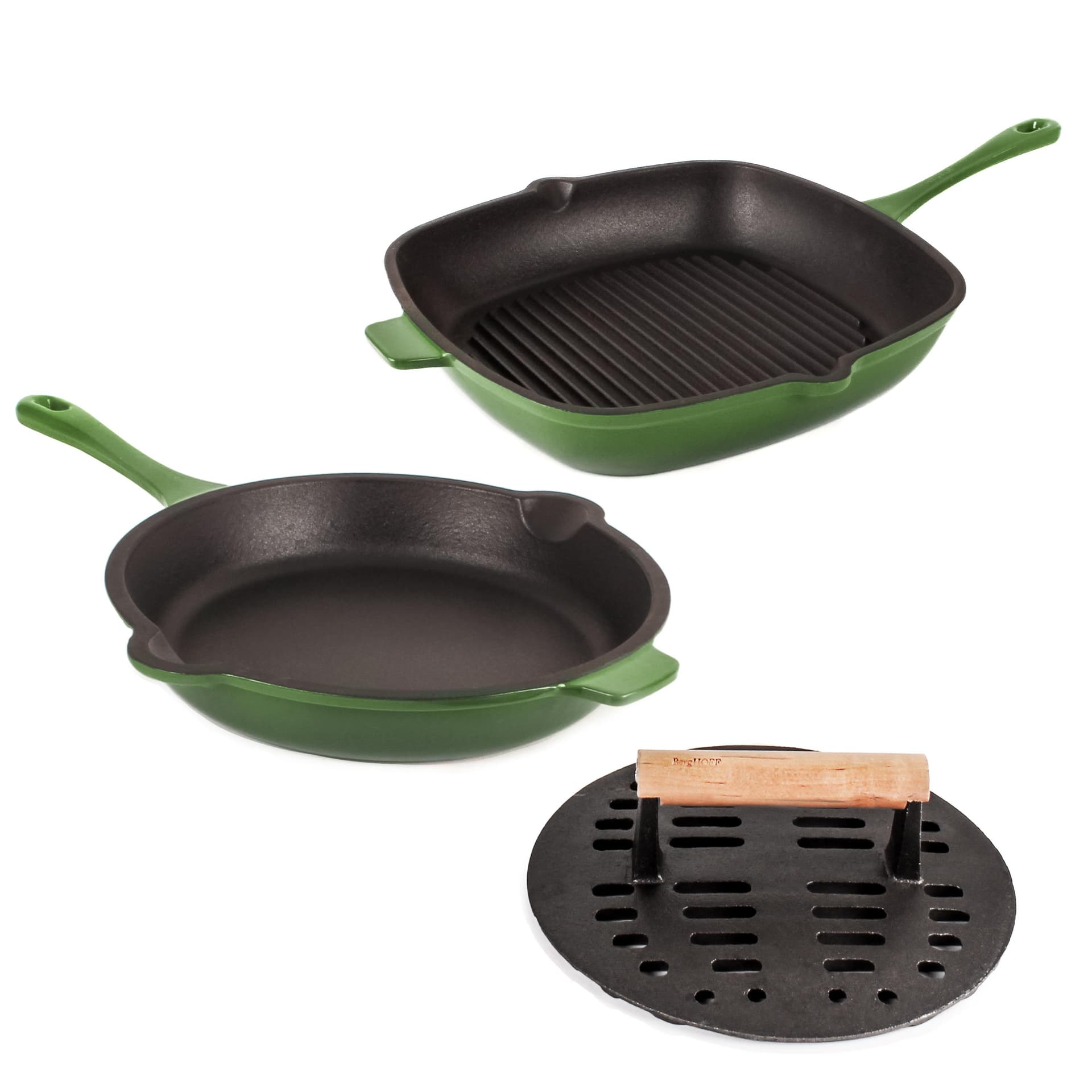 Neo 3pc Enamel on Cast Iron Cookware Set: 10" Fry Pan, Grill Pan and Slotted Steak Press, Green