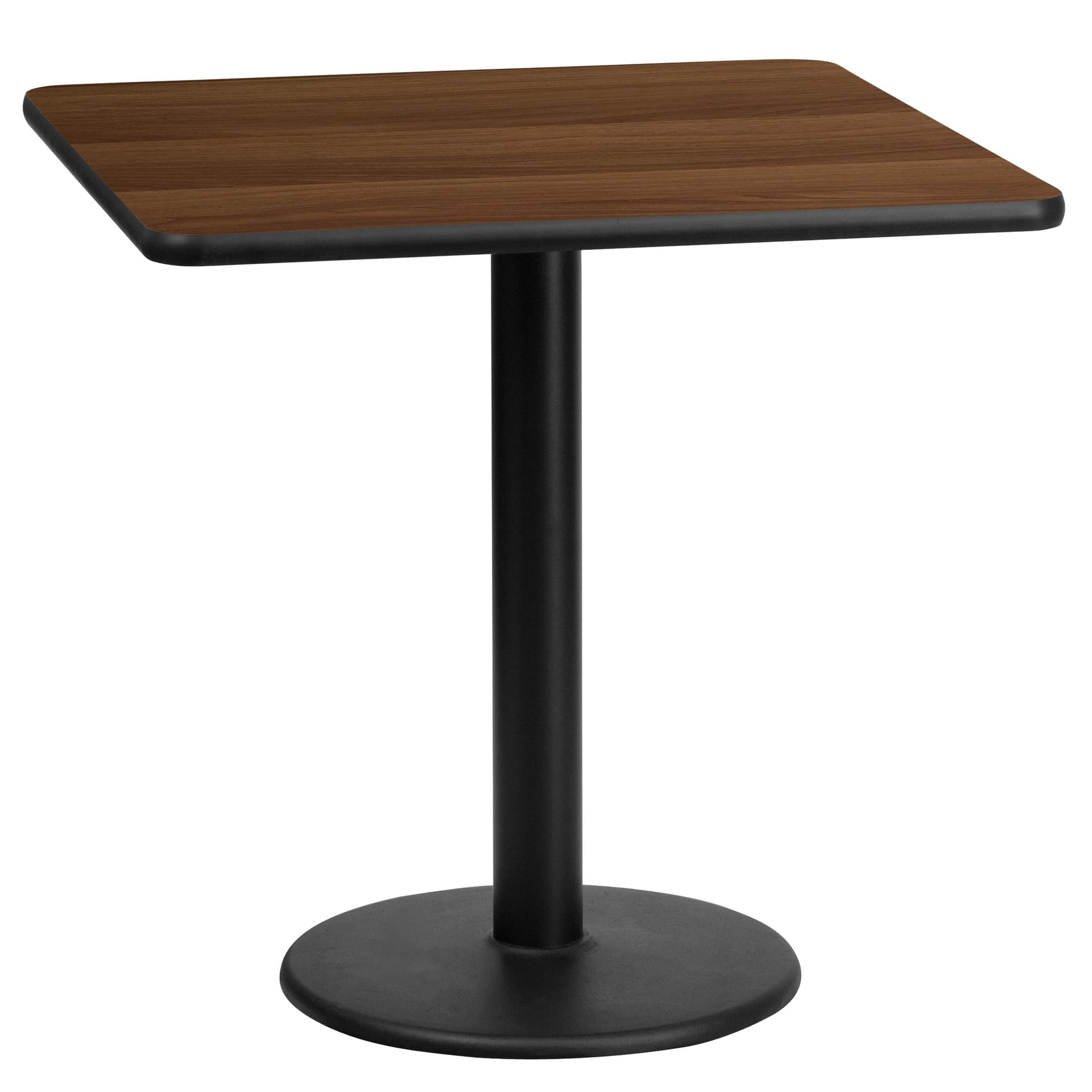 24" Square Walnut Laminate Table Top with 18" Round Table Height Base