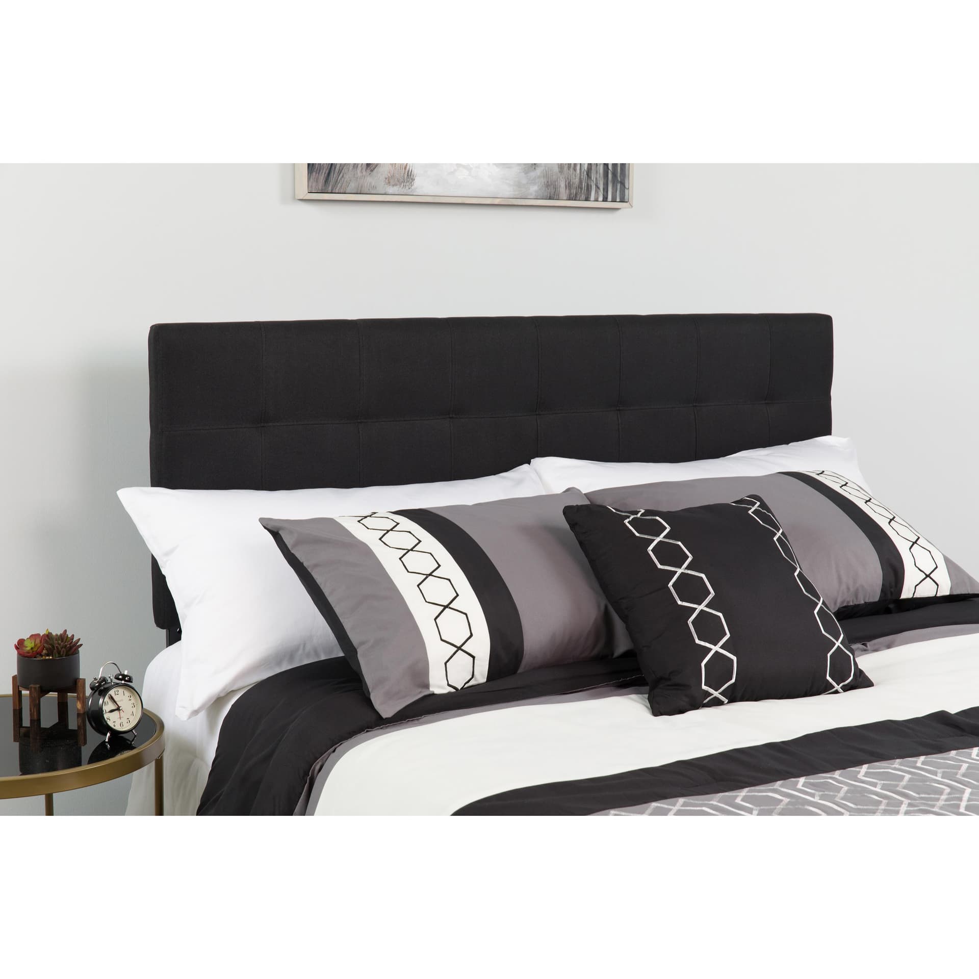 Quilted Tufted Upholstered King Size Headboard in Black Fabric