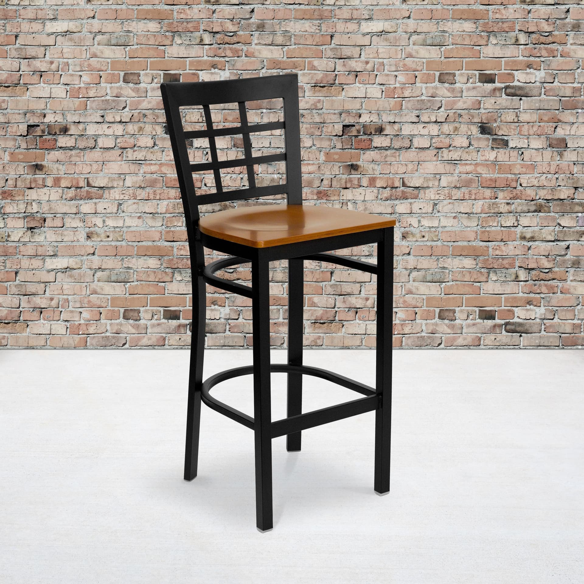 Black Window Back Metal Restaurant Barstool - Cherry Wood Seat