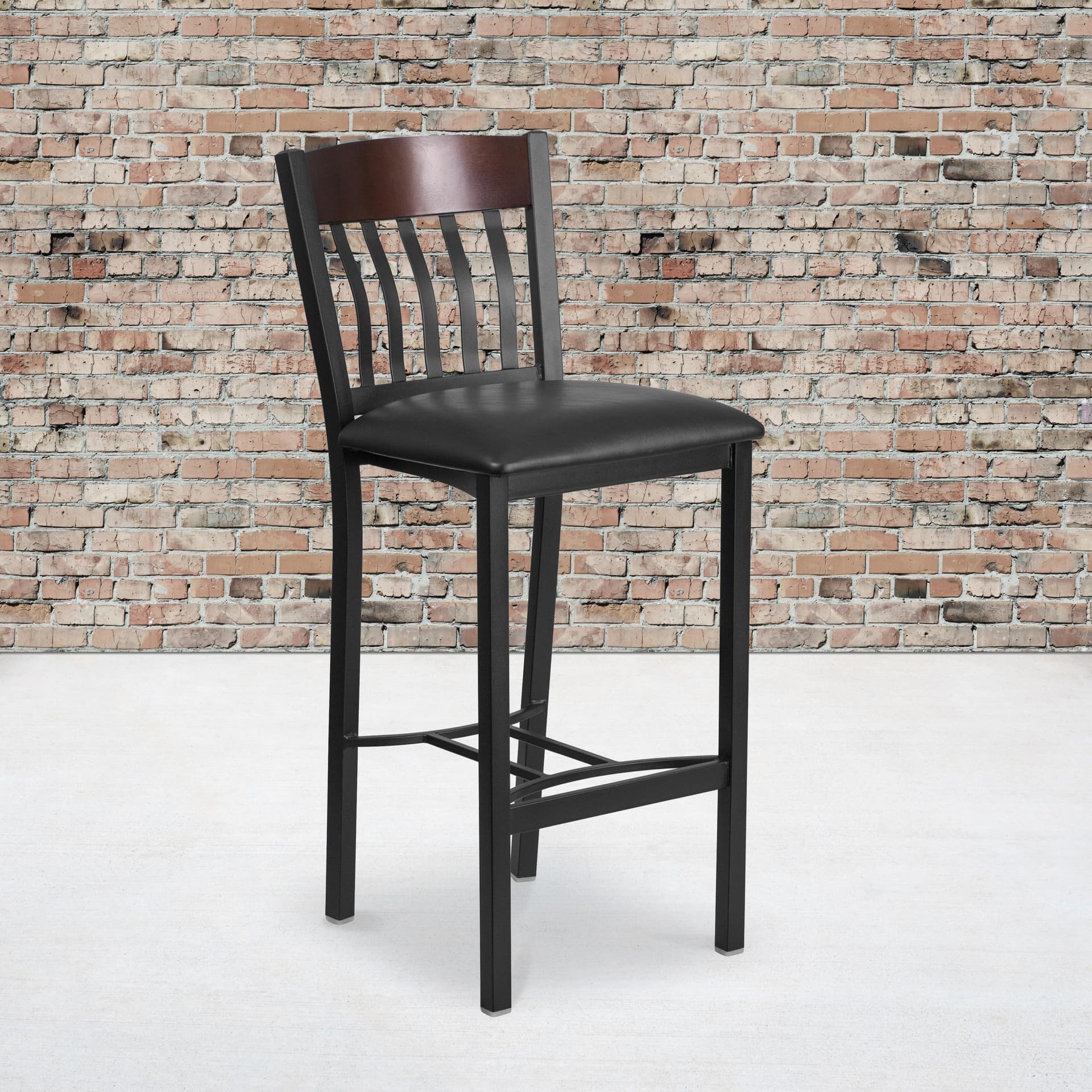 Vertical Back Black Metal &Walnut Wood Restaurant Barstool w/Black Vinyl Seat