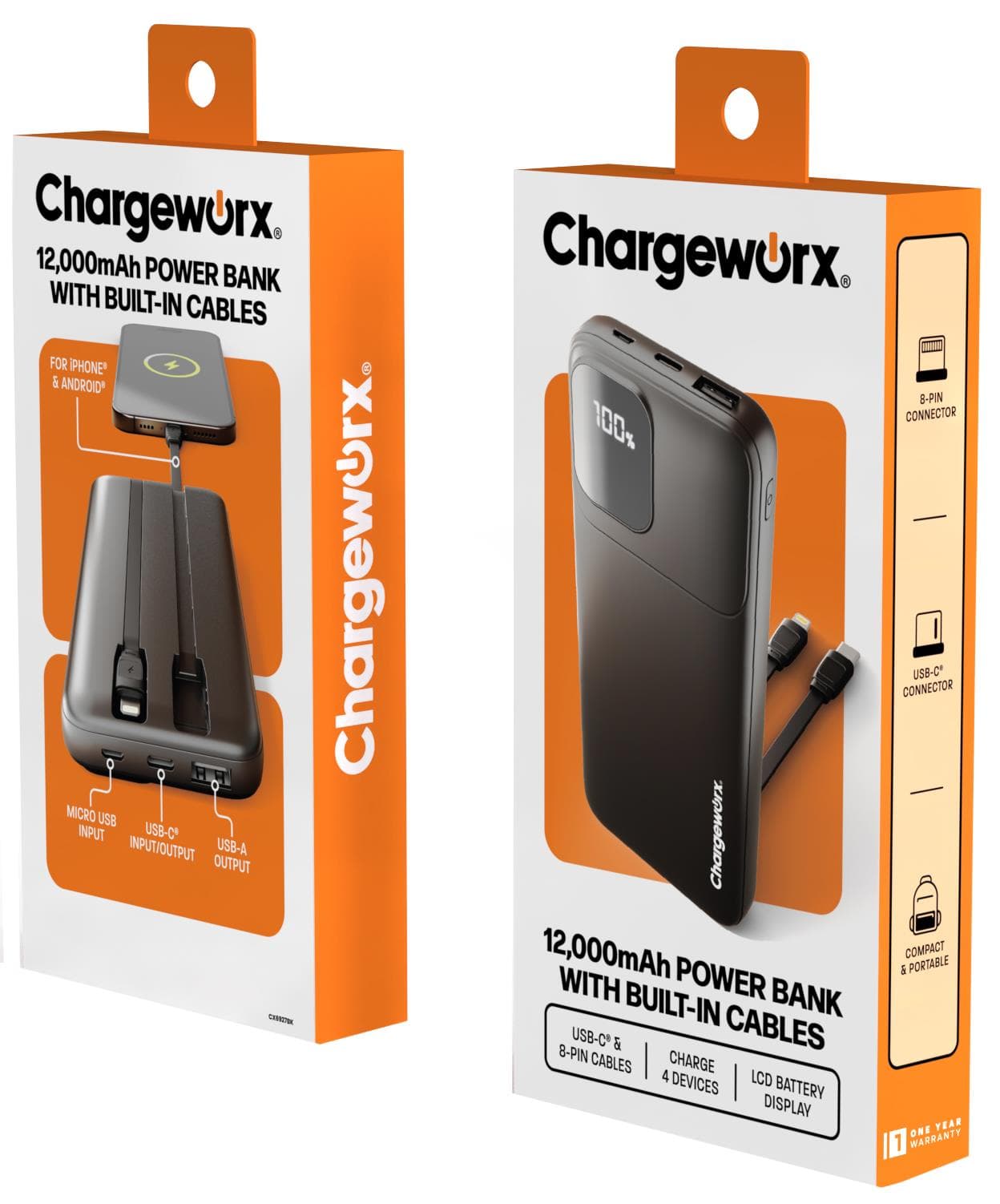 Chargeworx 12,000mAh Power Bank with Dual USB-A Ports & Built-In USB-C & Lightning Cables