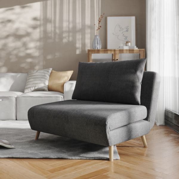 Convertible Tri-Fold Chair with Pillow and Hideaway Legs in Light Gray Fabric