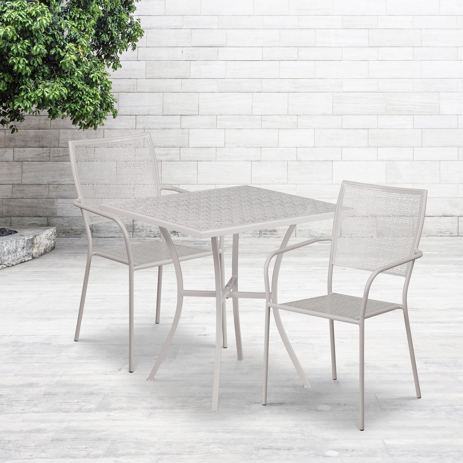 28" Square Lt Gray Indoor-Outdoor Steel Patio Table Set - 2 Square Back Chairs