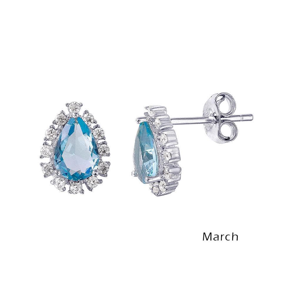 PARIKHS Rhodium Plated Teardrop Halo CZ March Birthstone Earring in 925 Sterling Silver