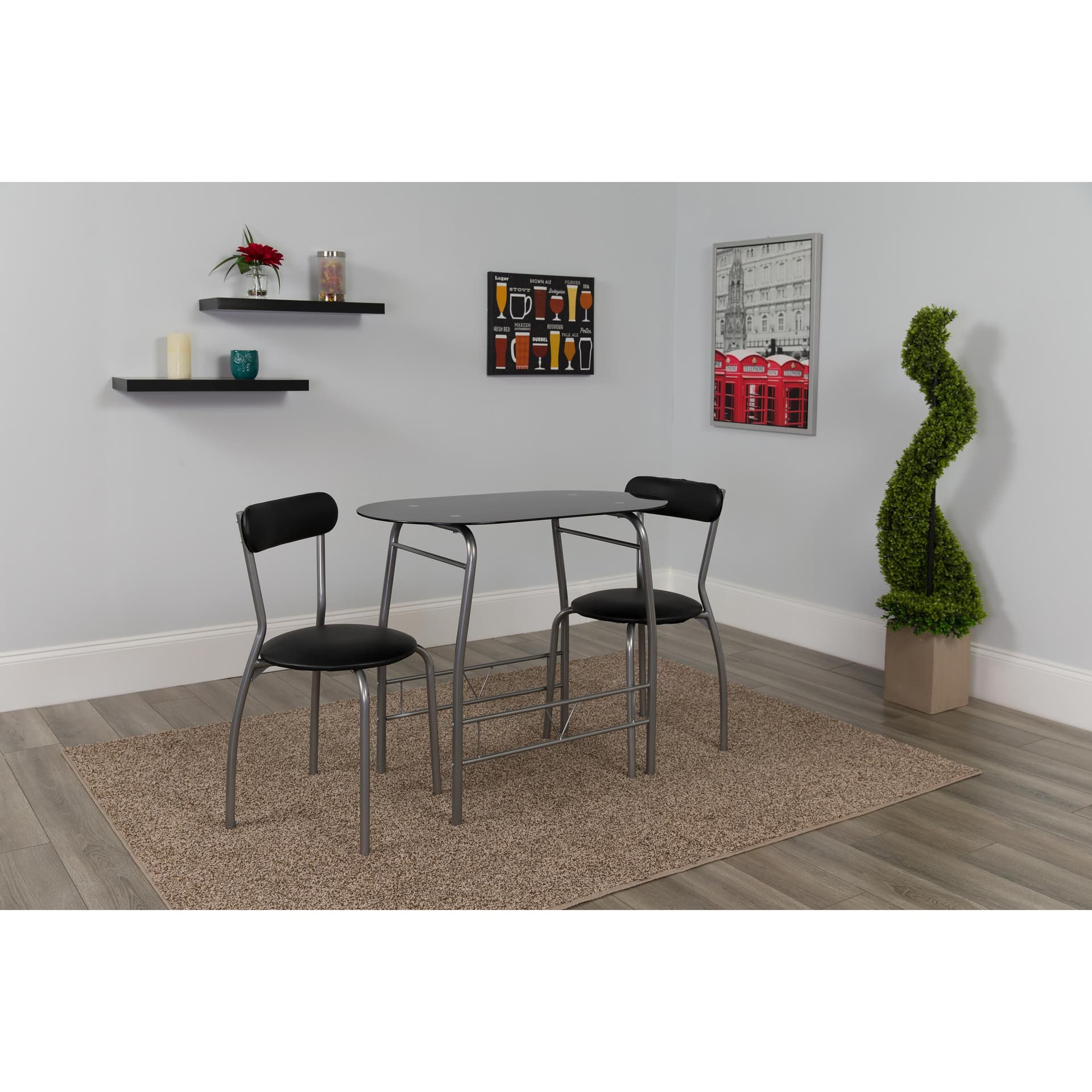 3 Piece Space-Saver Bistro Set with Black Glass Top Table & Black Vinyl Chairs