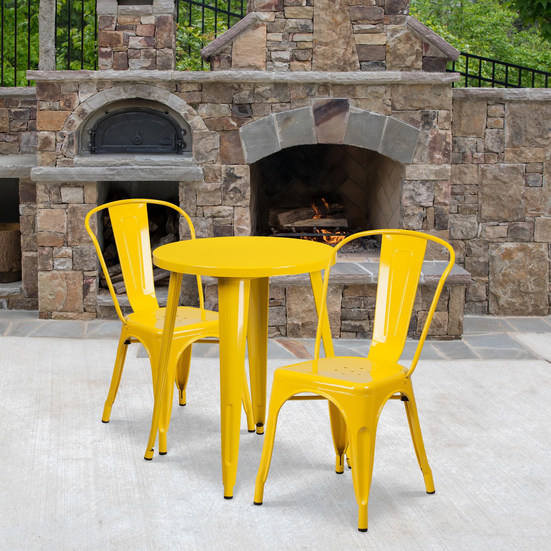 24" Round Yellow Metal Indoor-Outdoor Table Set with 2 Cafe Chairs - Patio Set
