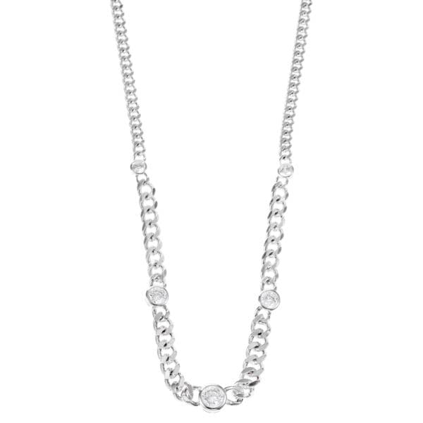 Curb Chain Graduated with 5 Cubic Zirconia - Silvertone Plating