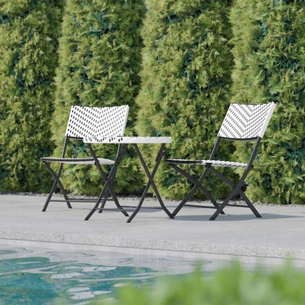 3PC Black and White Indoor/Outdoor PE Rattan Folding French Bistro Set