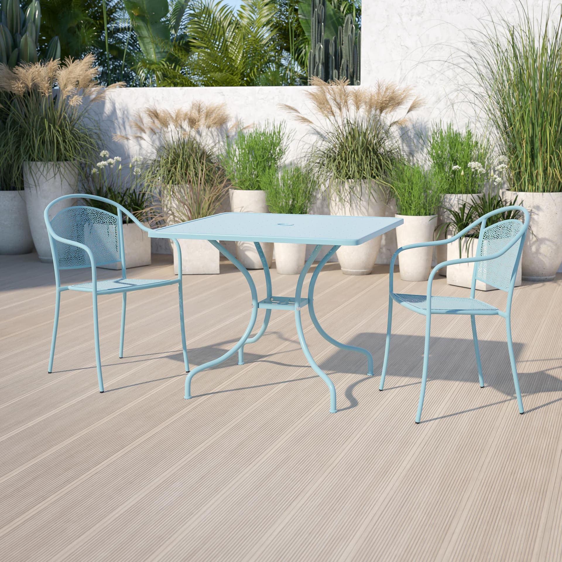 35.5" SQ Sky Blue Indoor-Outdoor Steel Patio Table-Umbrella Hole
