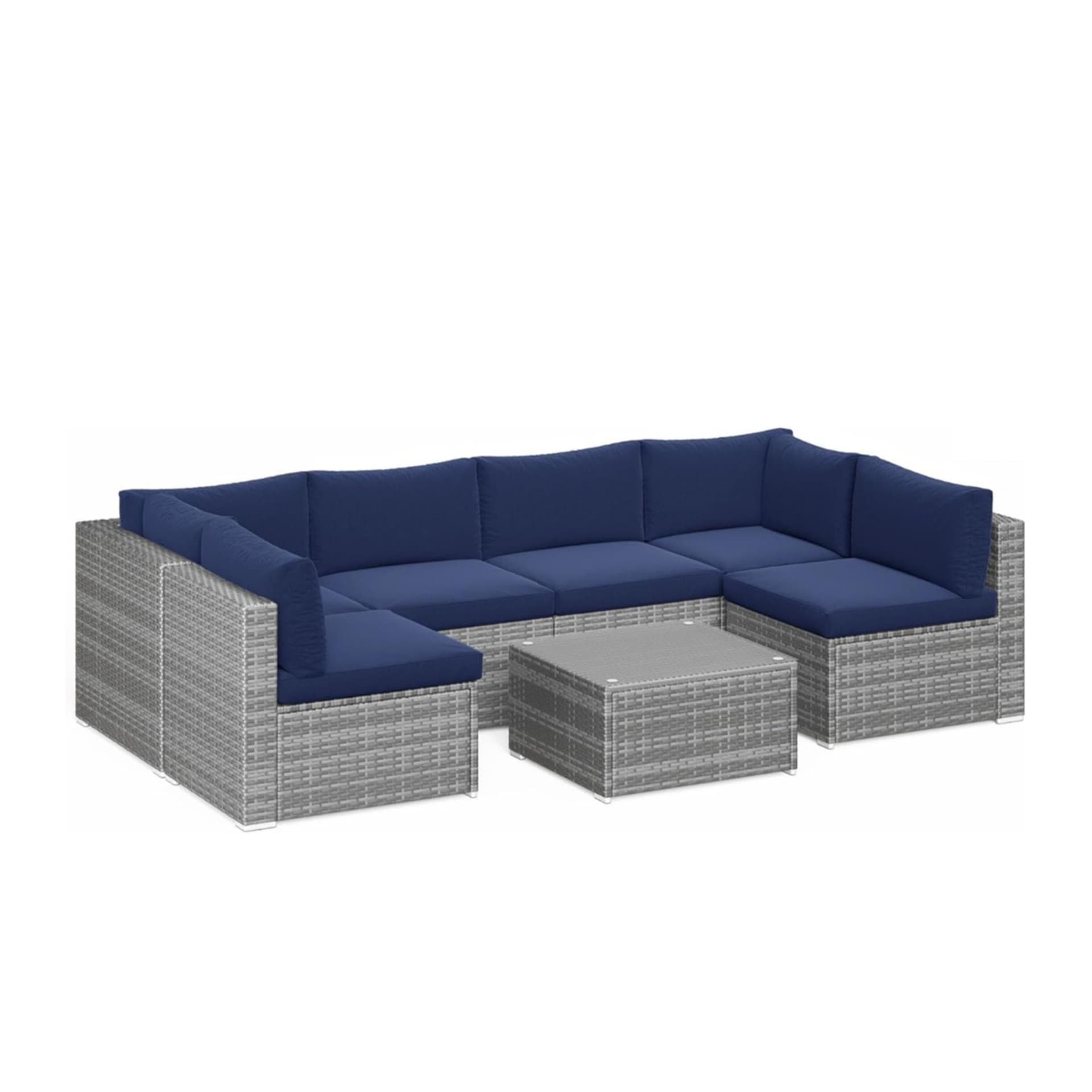 7-Piece Wicker Patio Set - Gray (Couch w/Navy Blue Cushions & Glass Coffee Table)