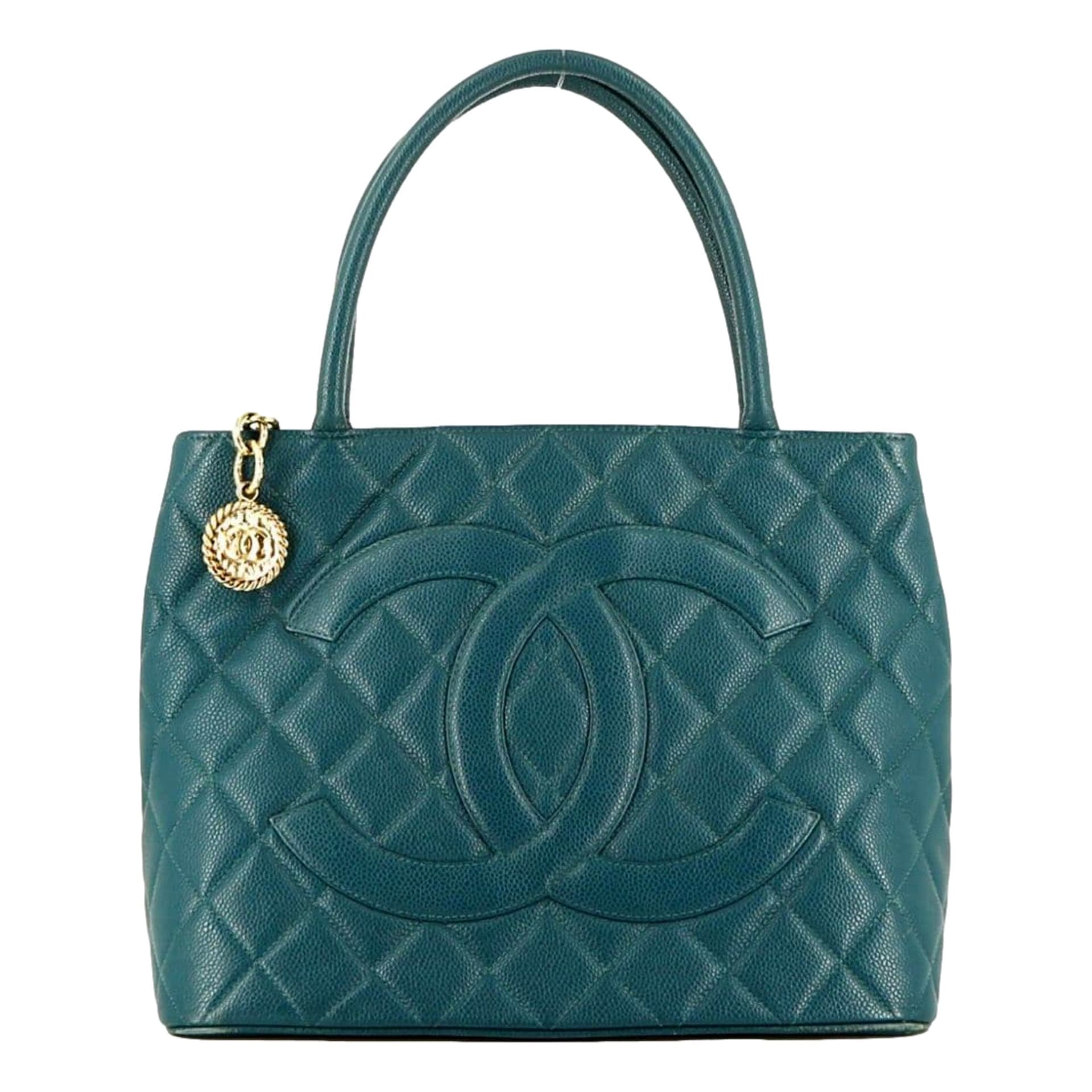 Chanel CC Medallion Tote Teal Blue Caviar Leather Quilted Gold Hardware
