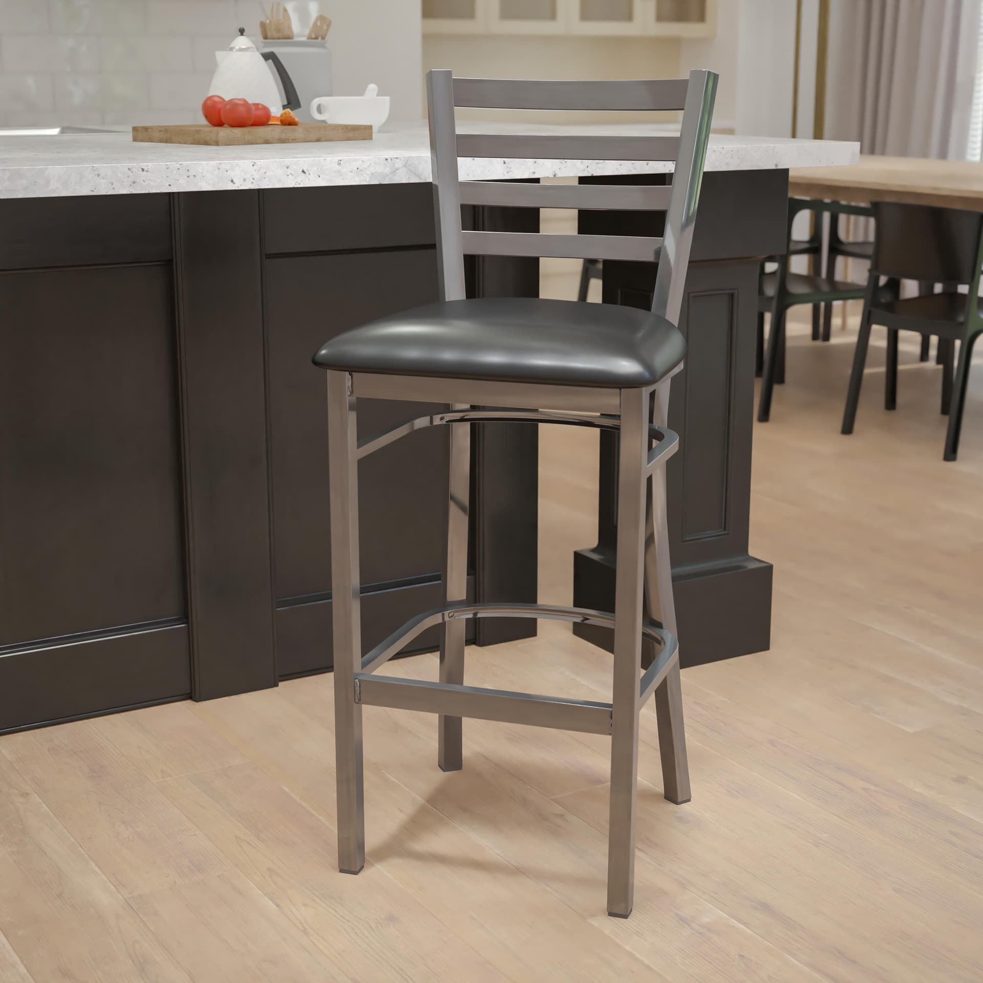 Clear Coated Ladder Back Metal Restaurant Barstool - Black Vinyl Seat