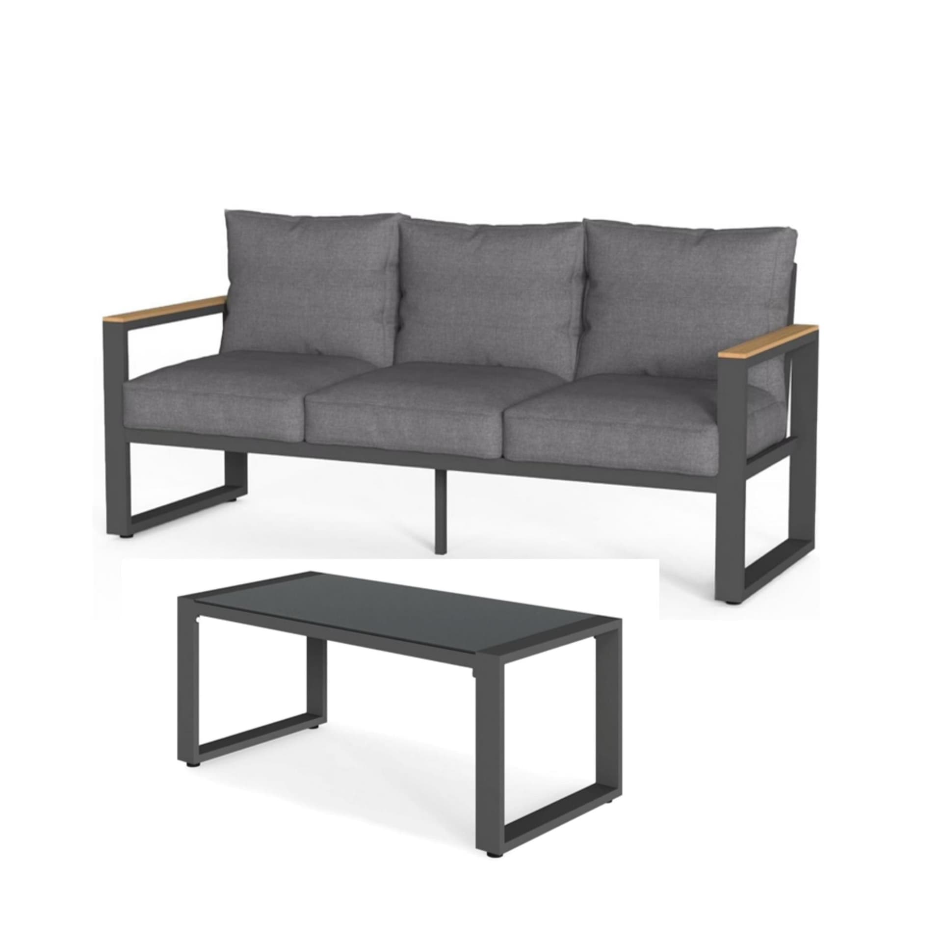 2-Piece Patio Set (75-Inch Sofa Couch w/Gray Cushions & 44-Inch Glass Coffee Table)