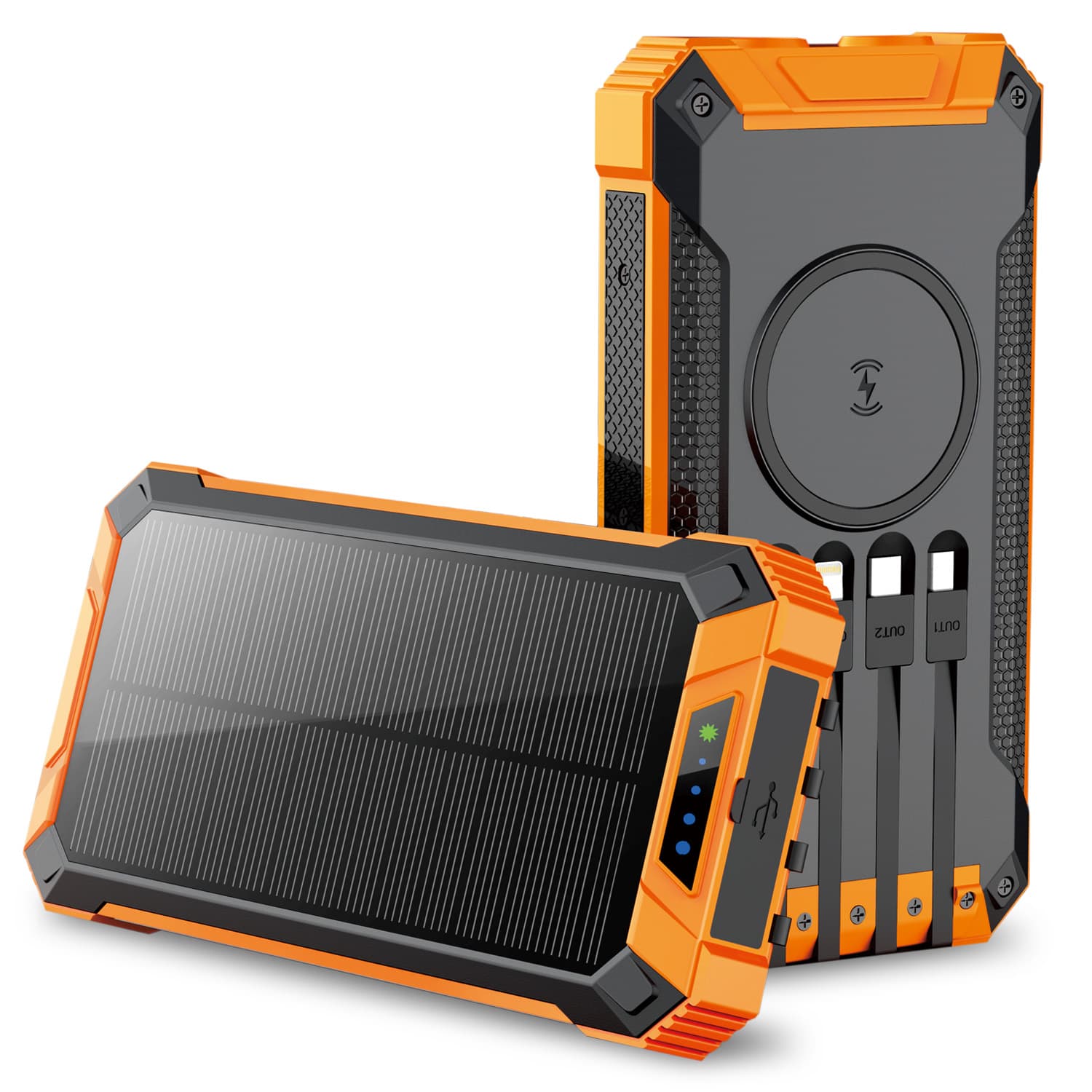 Portable Power Bank w/ Wireless Charging, Built-in 4 Cables, Solar Panel, 20000mAh Battery, IP65 Waterproof, Dustproof, Dual LED Flashlight, Great for iPhone, Samsung, Smart Phones