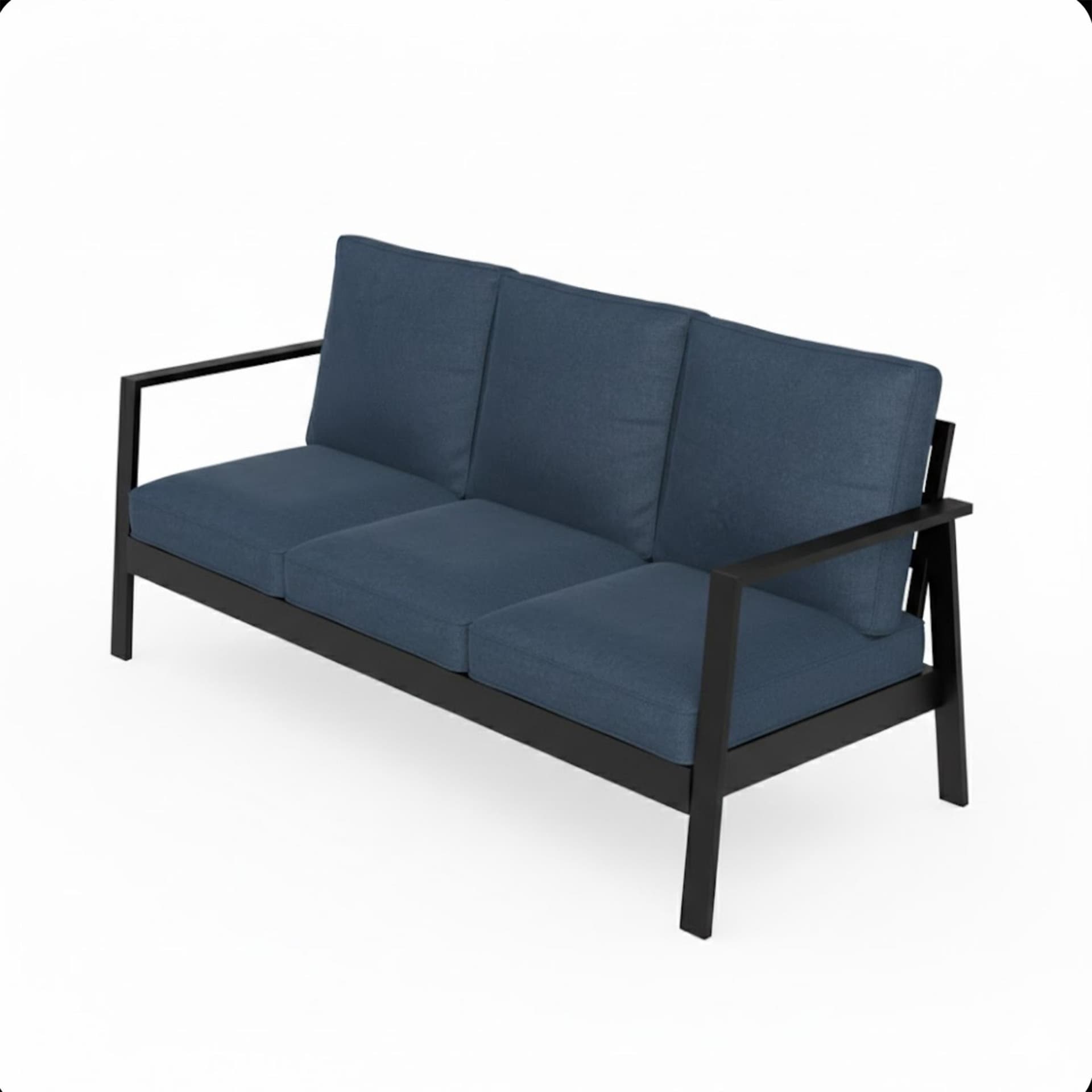 75-Inch 3-Seat All-Weather Aluminum Patio Sofa w/Blue Cushions & Black Frame