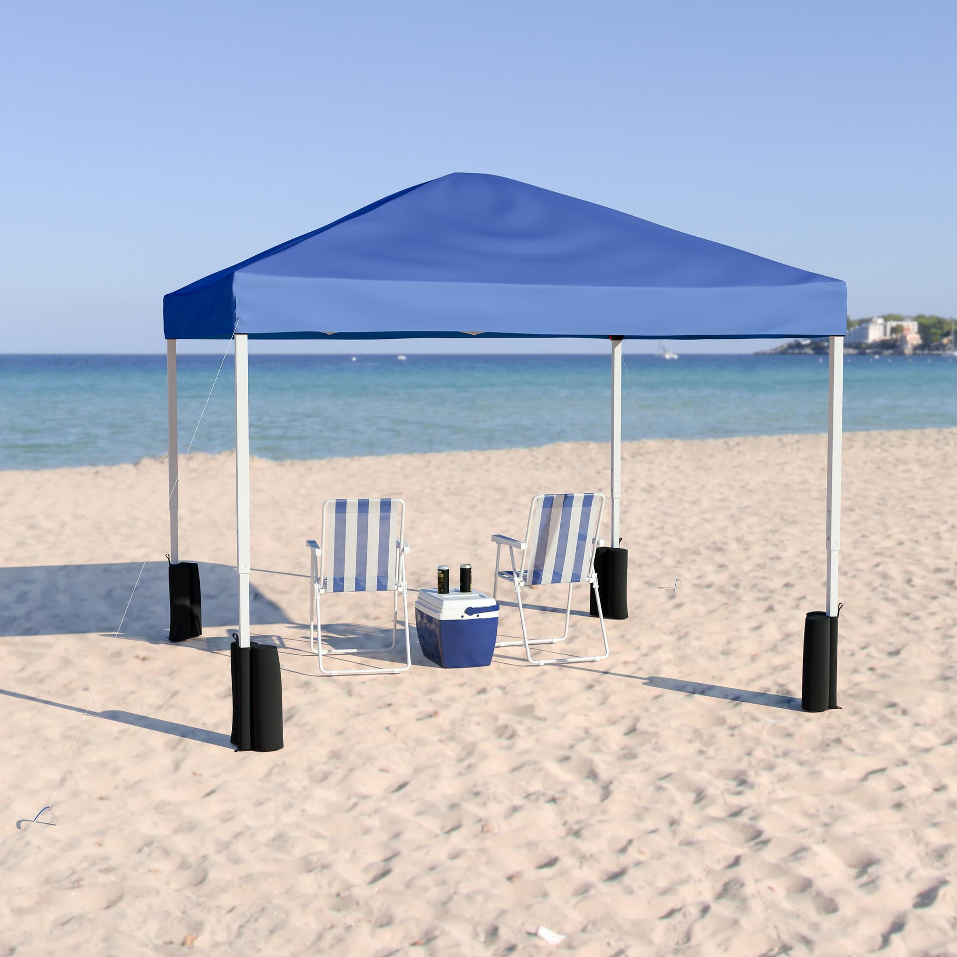 10'x10' Blue Pop Up Straight Leg Canopy Tent With Sandbags and Wheeled Case