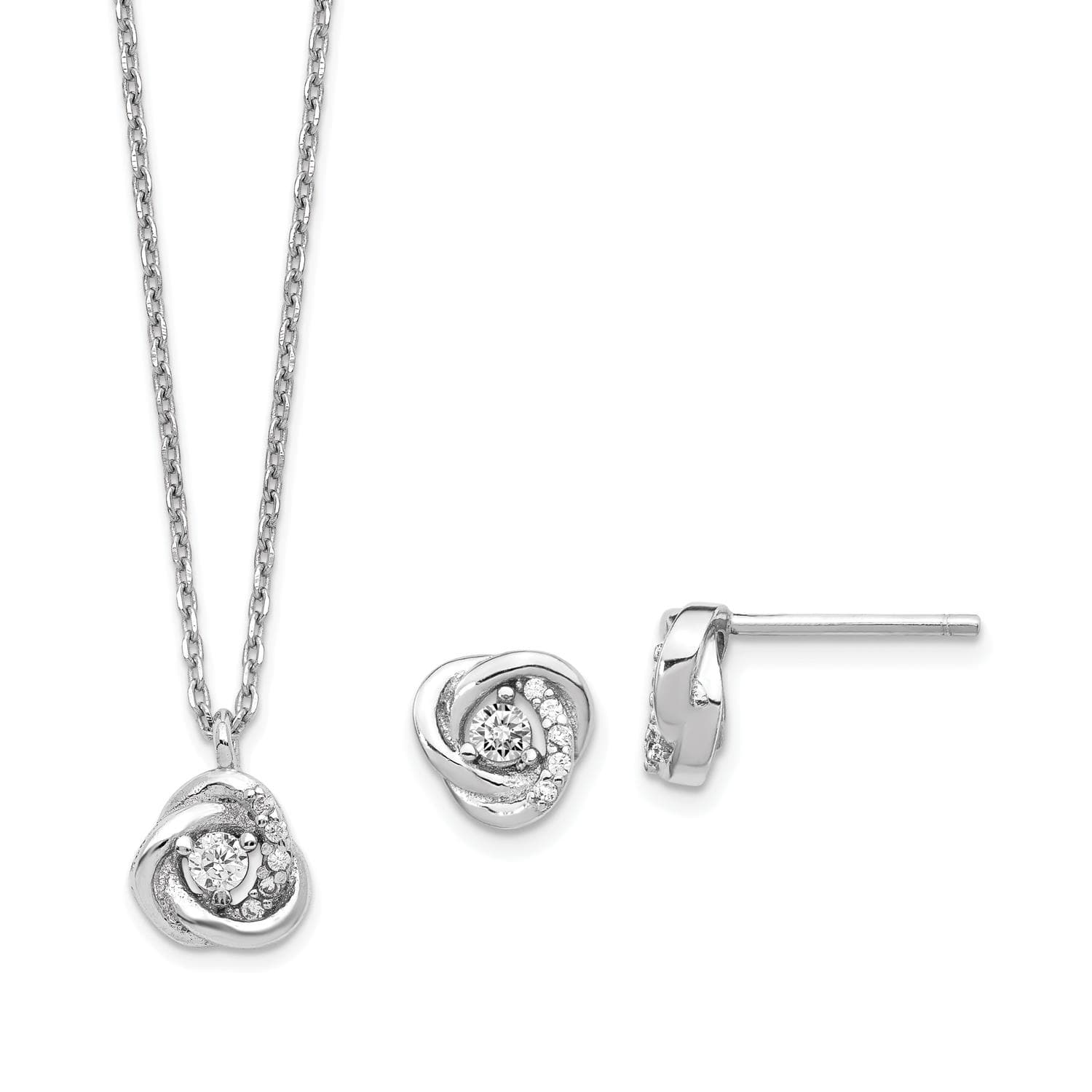 Sterling Silver Rhodium-plated CZ Love Knot Earrings w/2in ext Necklace Set