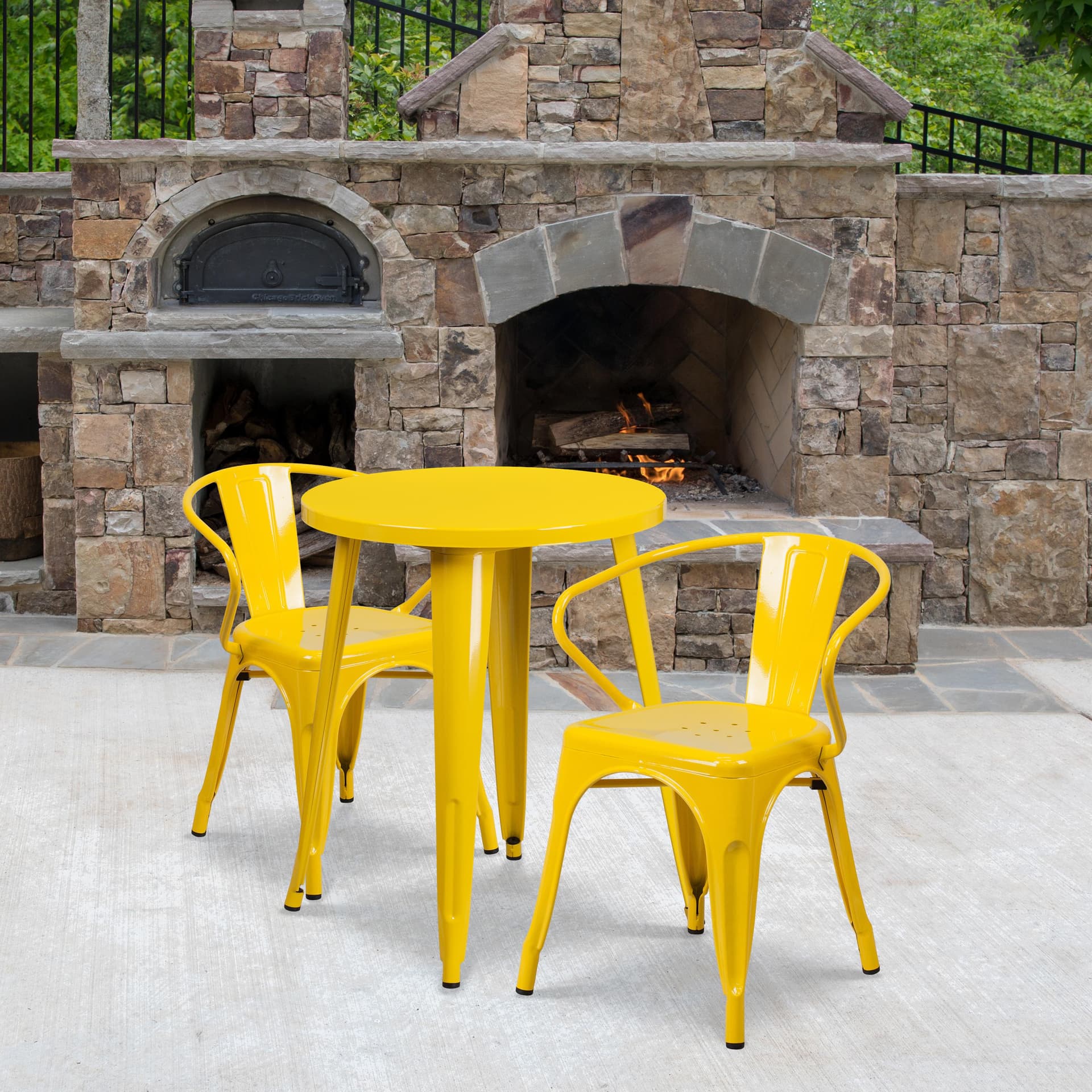 24" Round Yellow Metal Indoor-Outdoor Table Set with 2 Arm Chairs - Patio Set