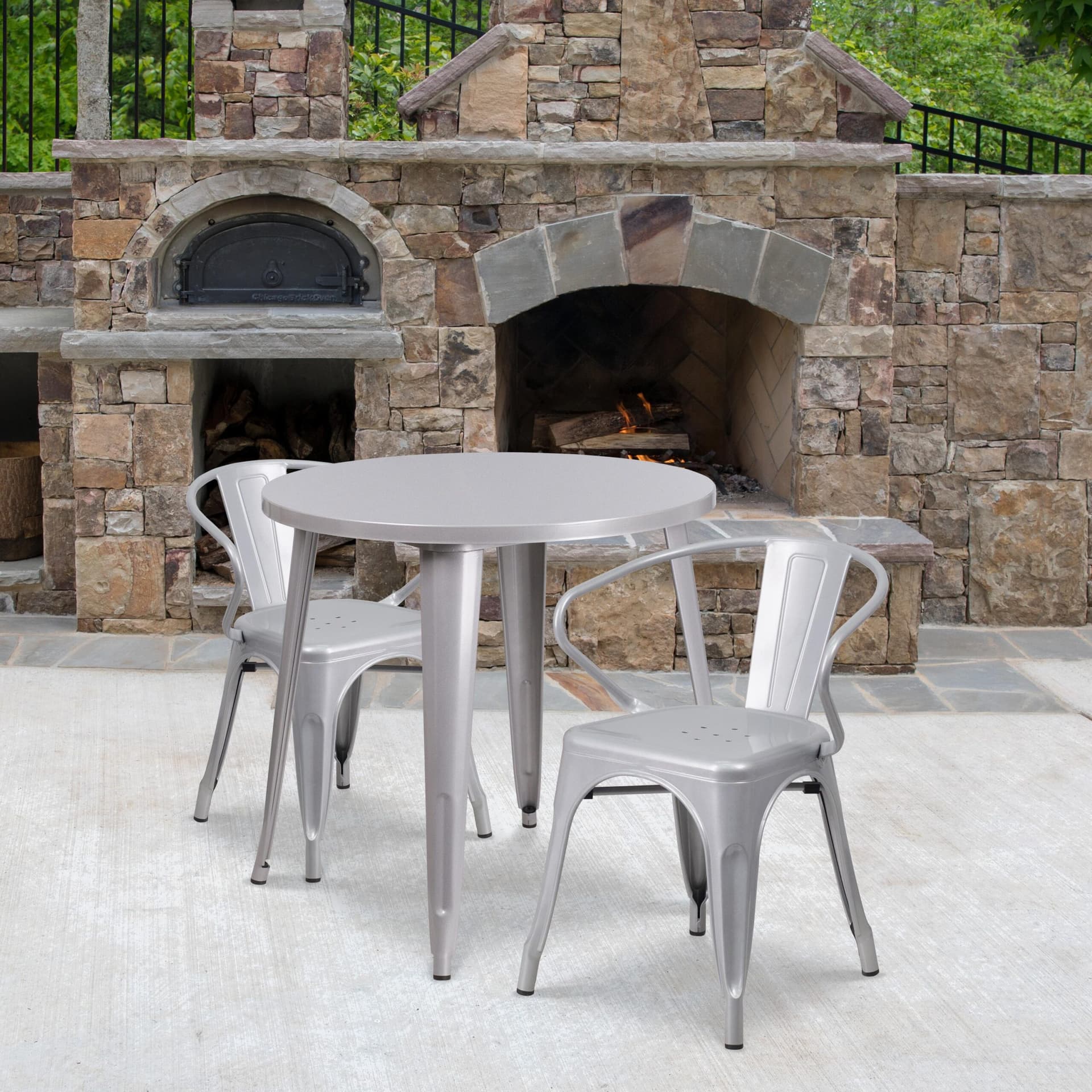 30" Round Silver Metal Indoor-Outdoor Table Set with 2 Arm Chairs