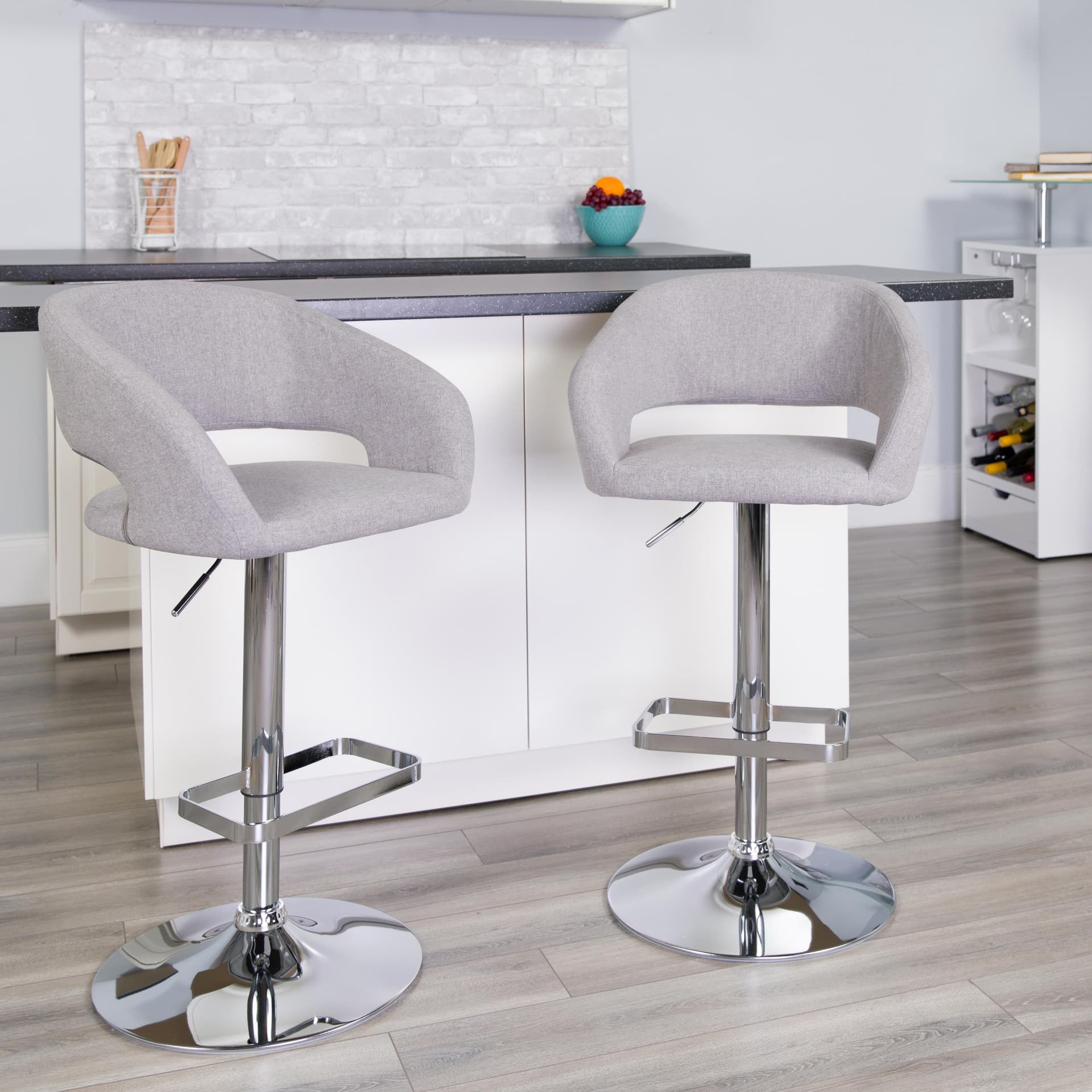 Gray Fabric Adjustable Height Barstool with Rounded Mid-Back and Chrome Base
