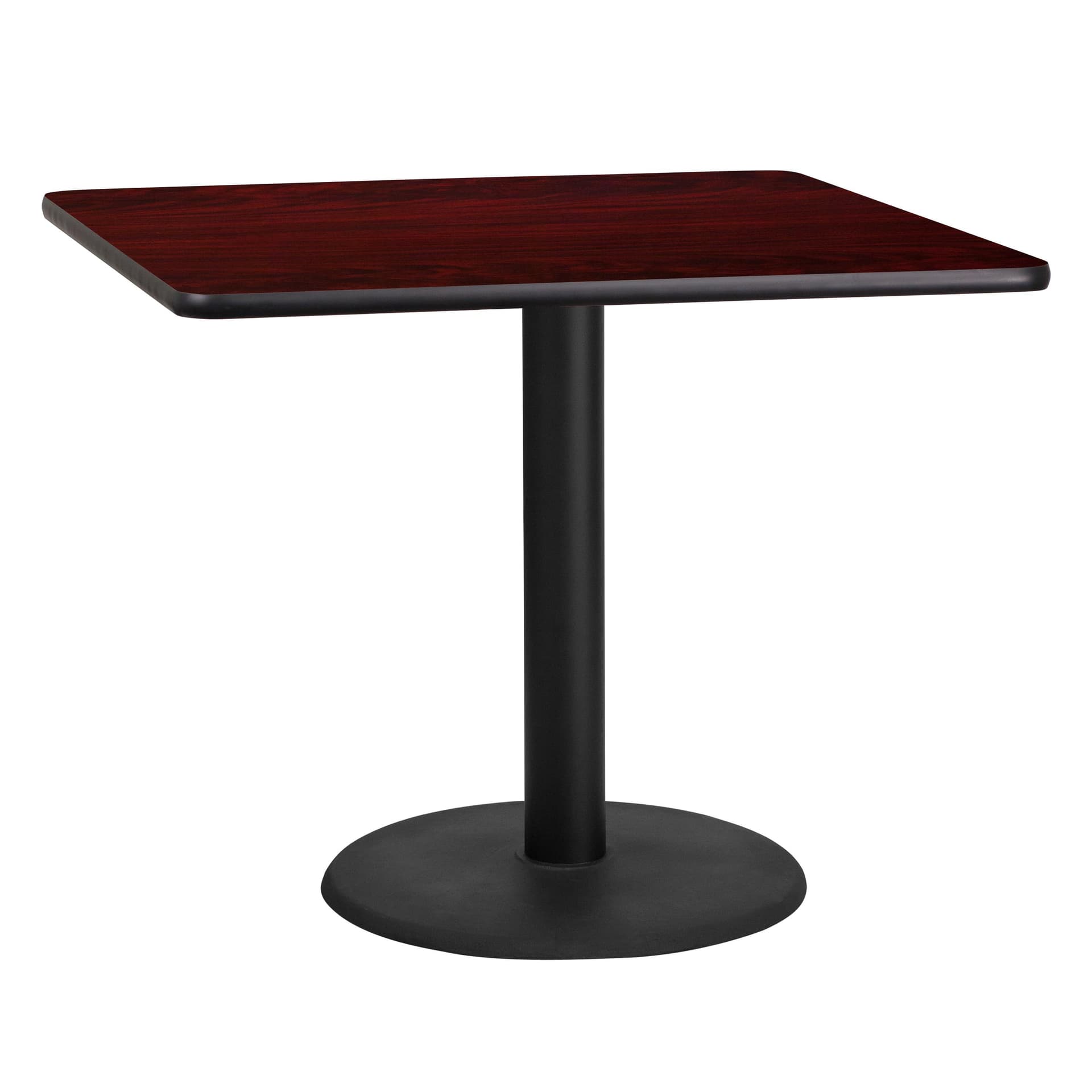36" Square Mahogany Laminate Table Top with 24" Round Table Height Base